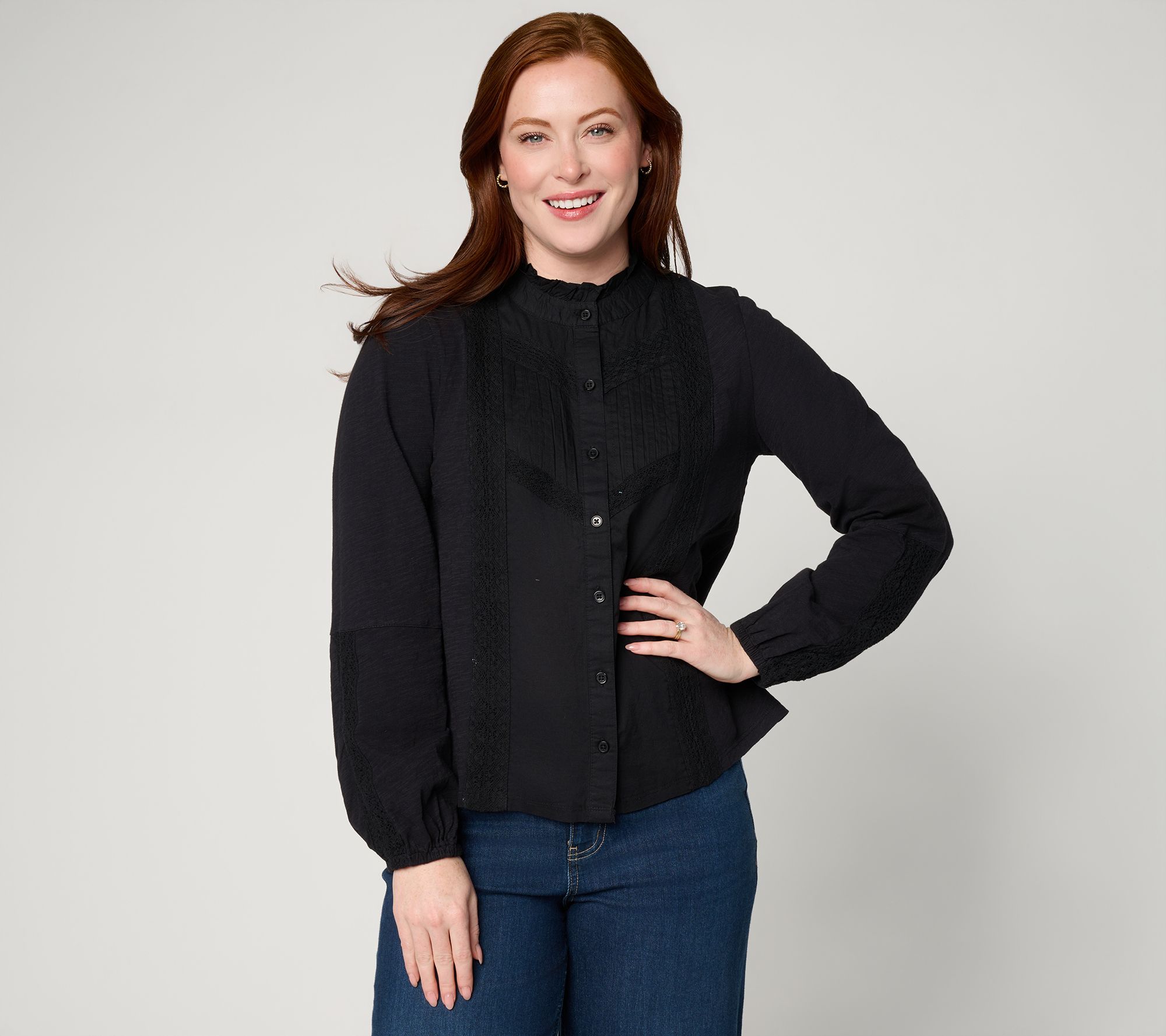 LOGO Lavish by Lori Goldstein 100% Cotton Long Sleeve Woven Blouse