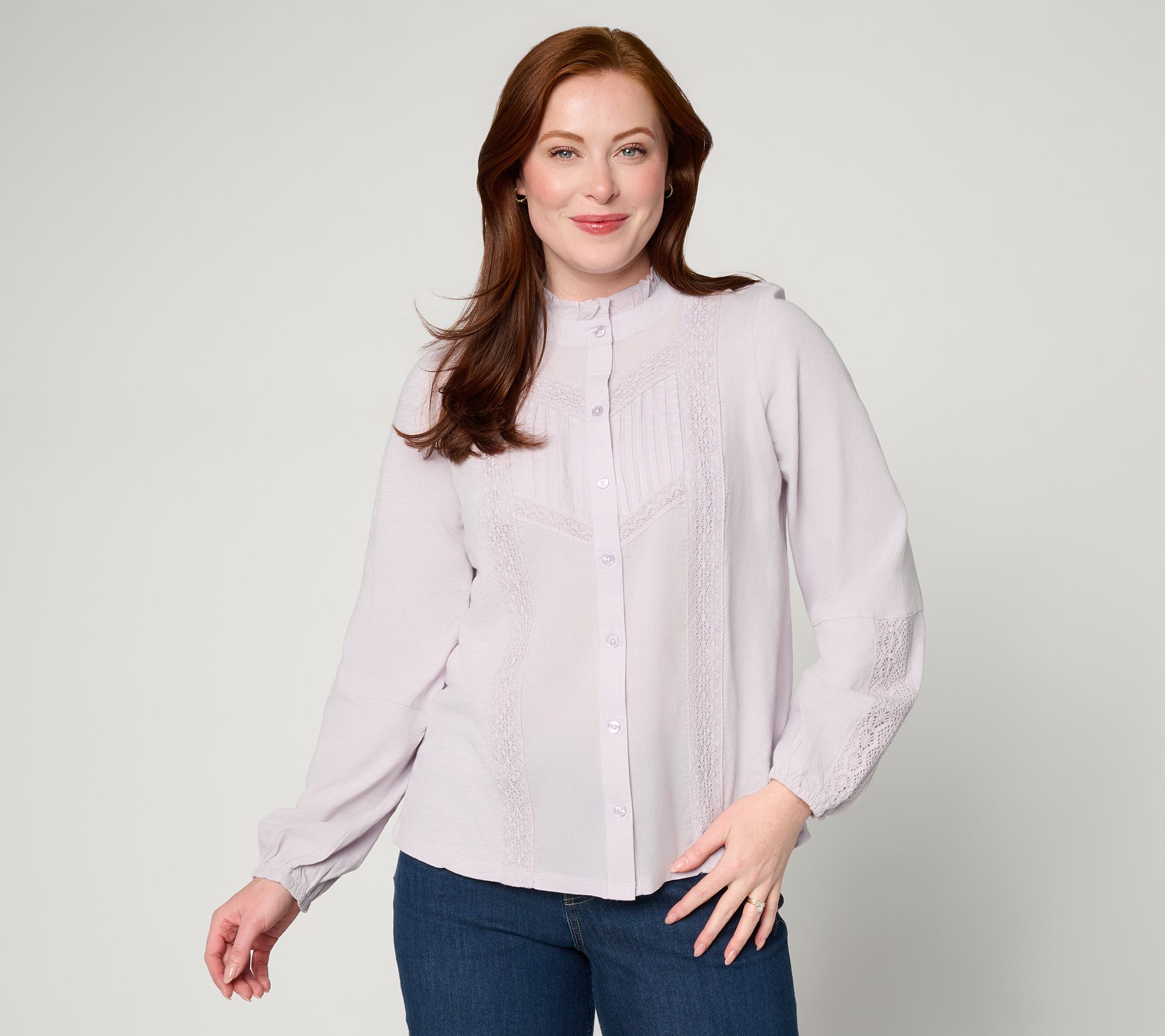 LOGO Lavish by Lori Goldstein 100% Cotton Long Sleeve Woven Blouse