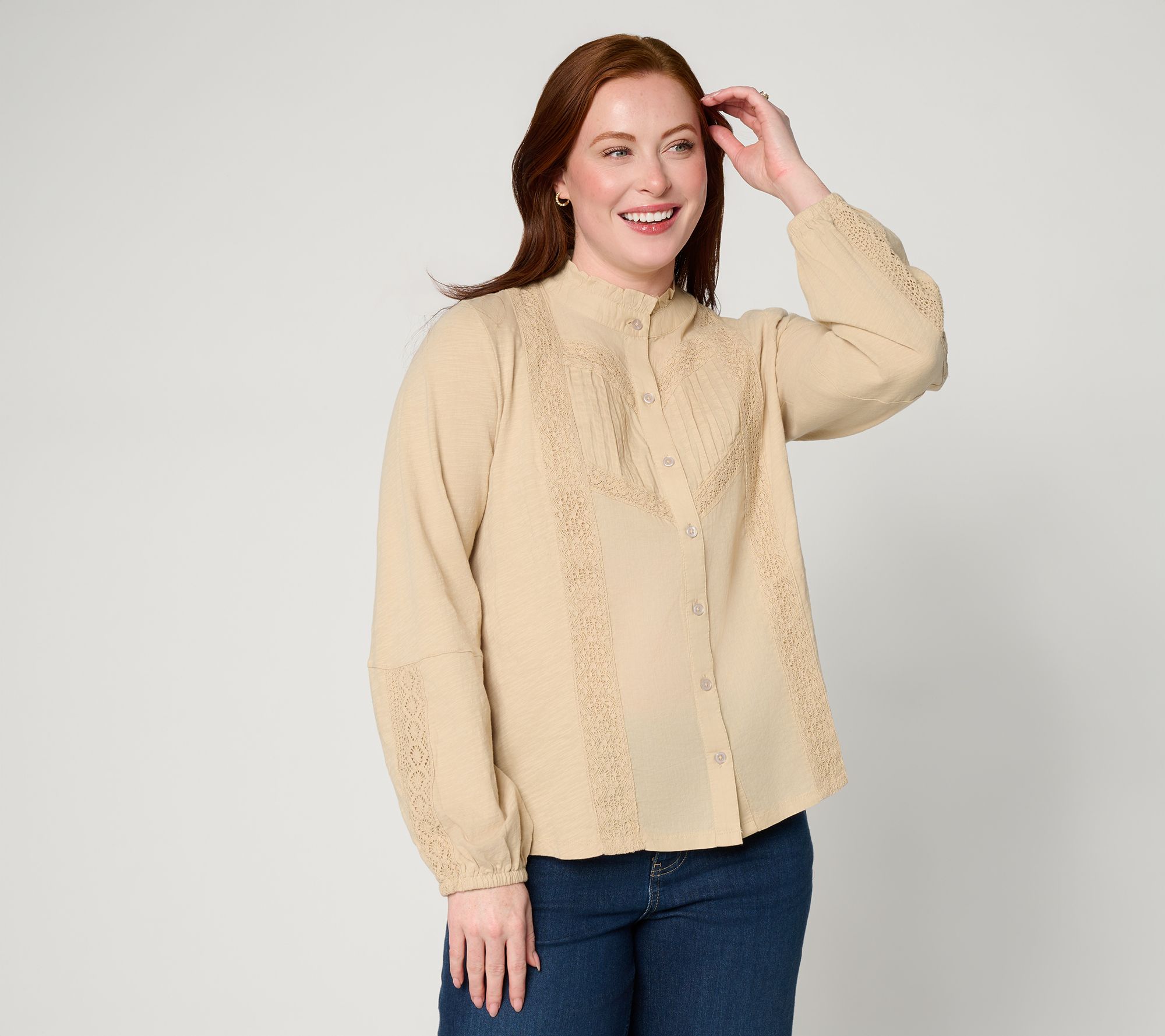 LOGO Lavish by Lori Goldstein 100% Cotton Long Sleeve Woven Blouse