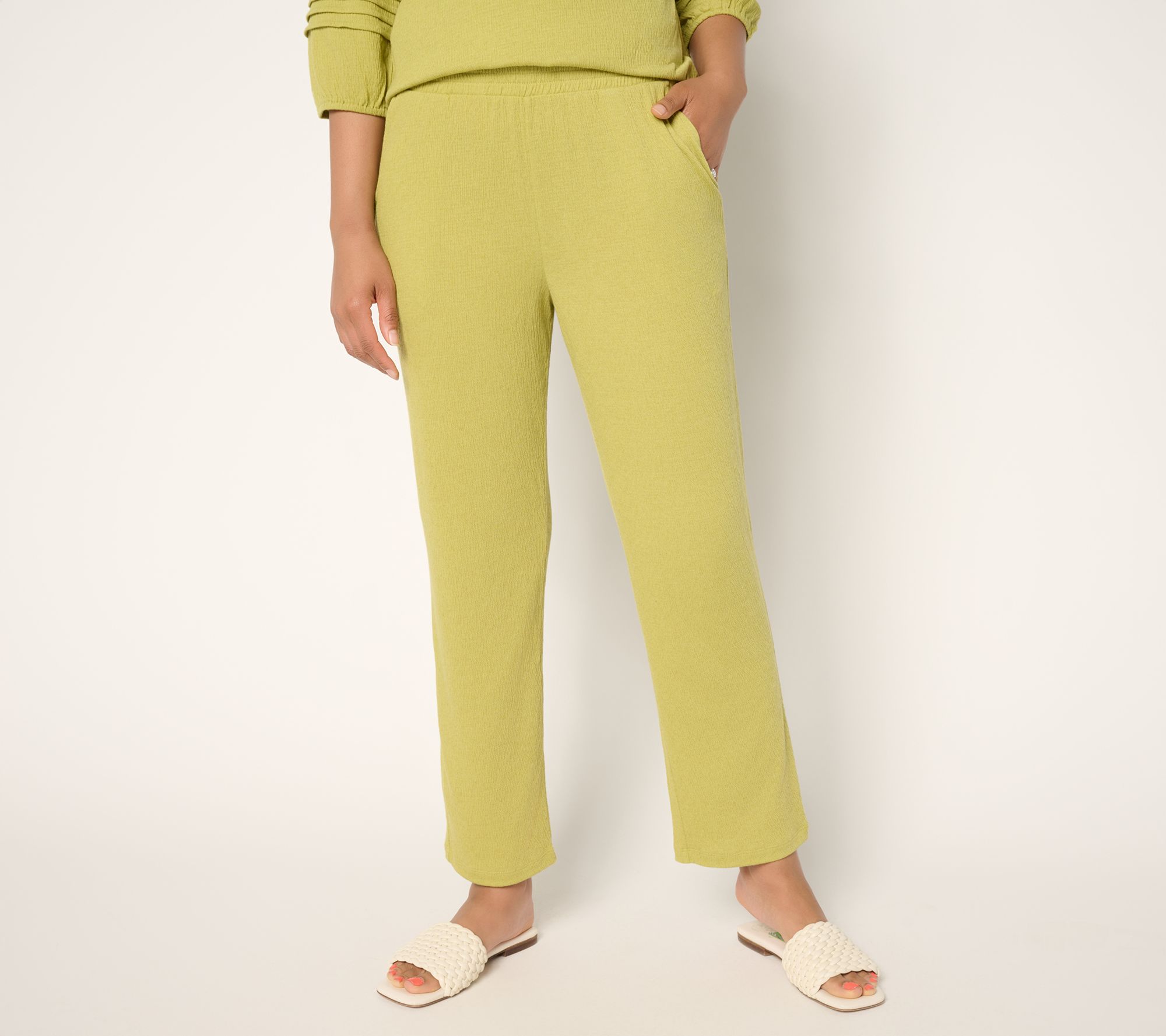 "As Is" Denim & Co. Beach Petite Knit Gauze Straight Leg Ankle Pant