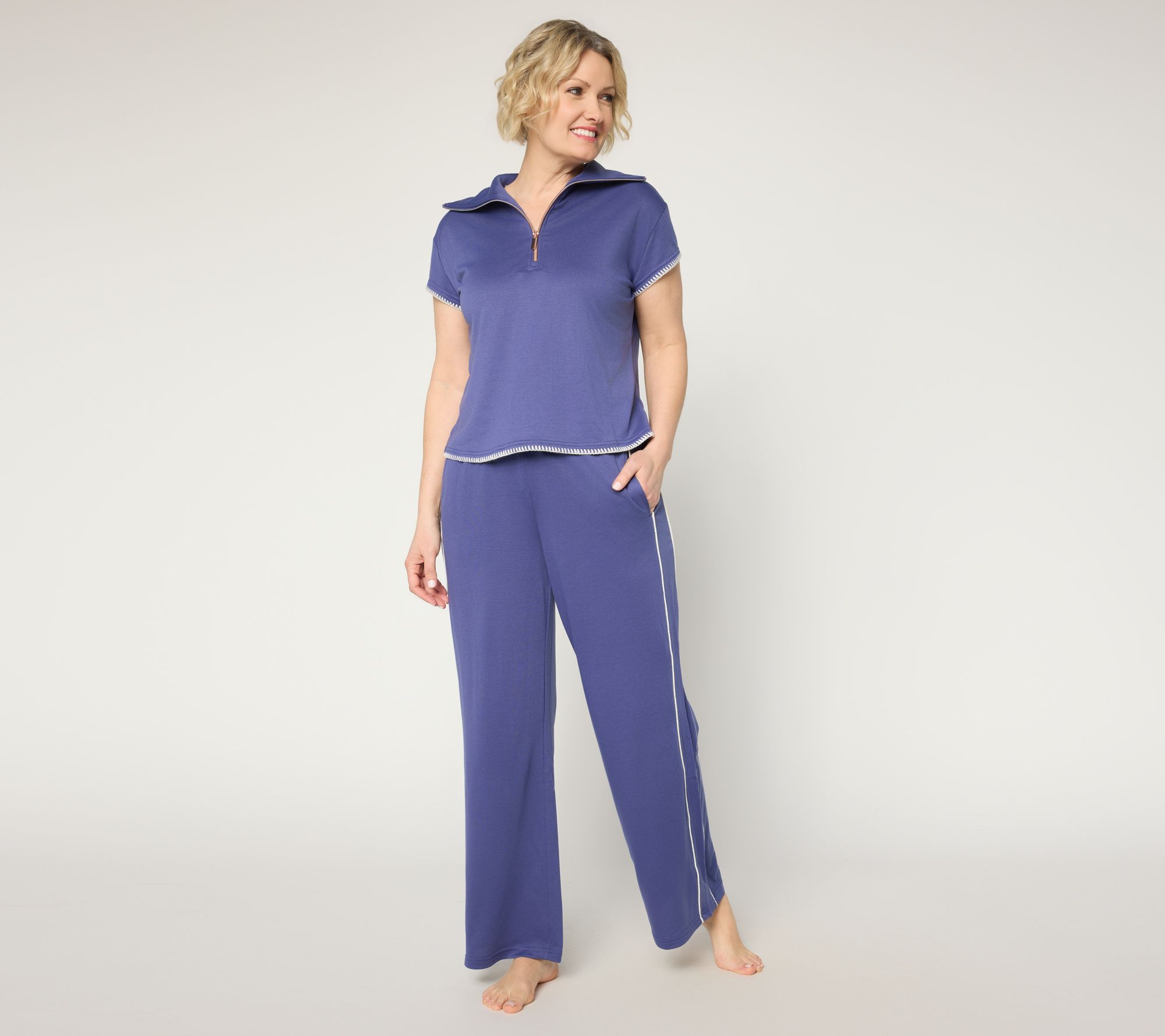 MUK LUKS French Terry Quarter Zip Short Sleeve Lounge Set