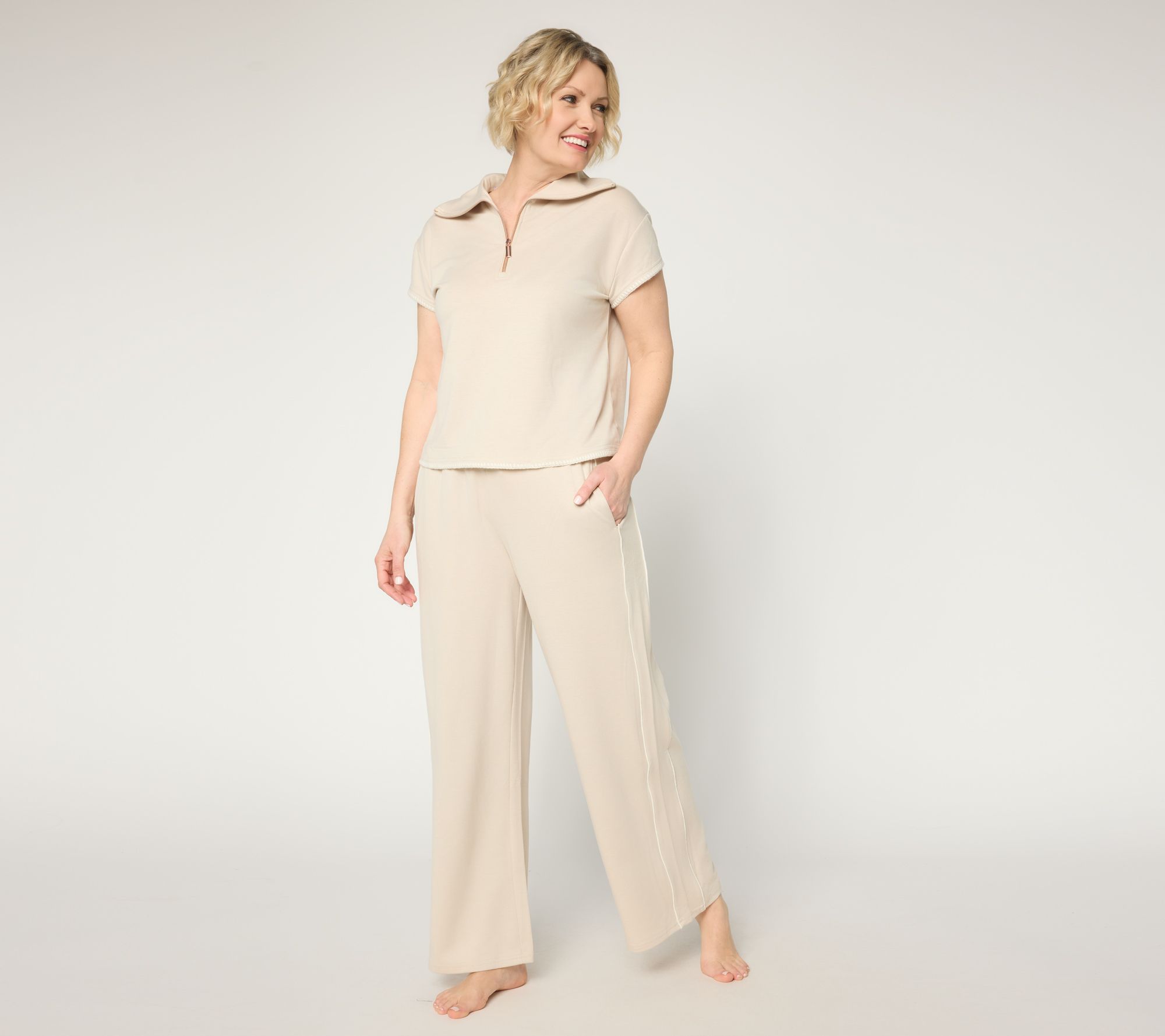 MUK LUKS French Terry Quarter Zip Short Sleeve Lounge Set