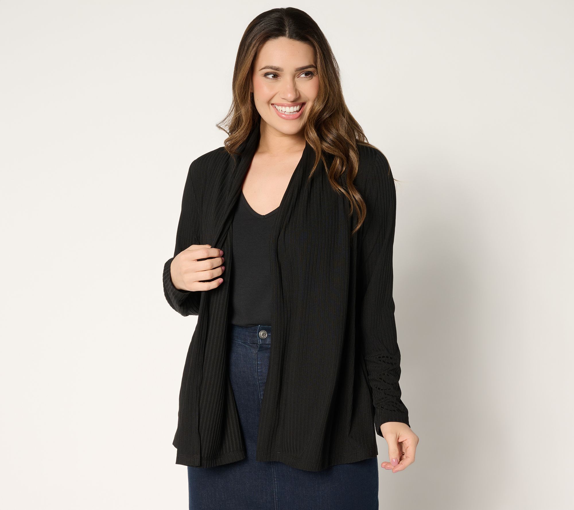 "As Is" Susan Graver Petite Ribbed Liquid Knit Cardigan