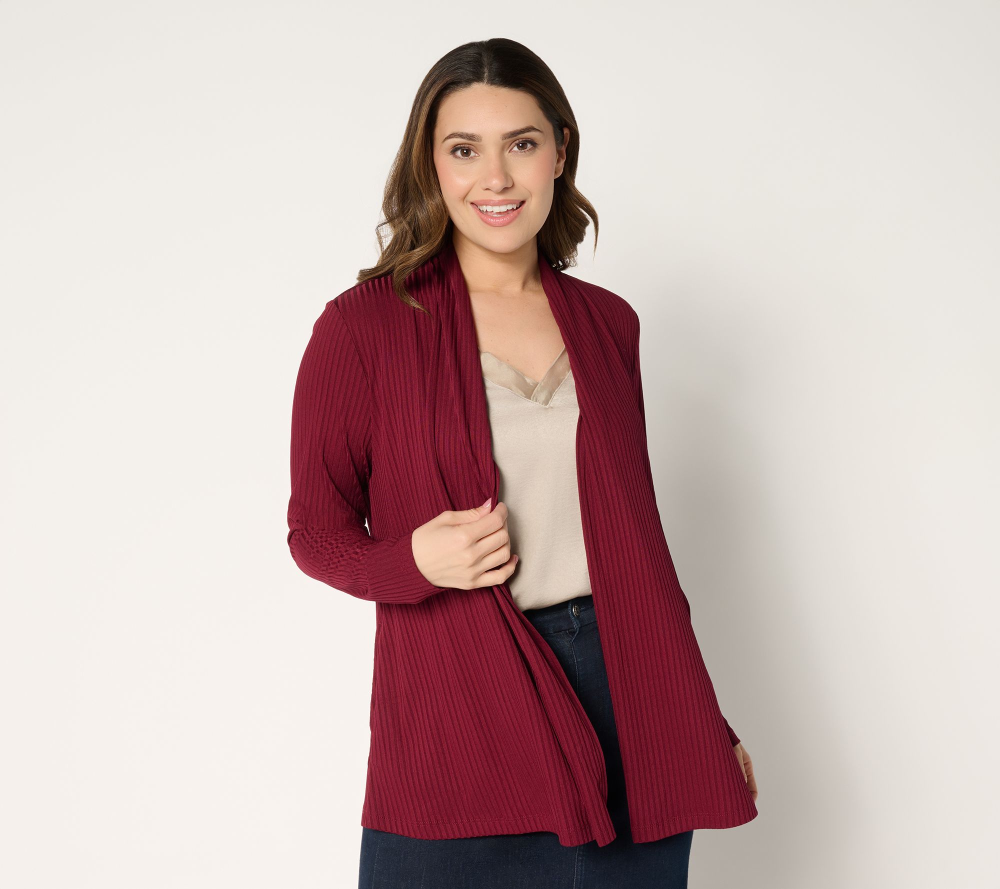 "As Is" Susan Graver Petite Ribbed Liquid Knit Cardigan
