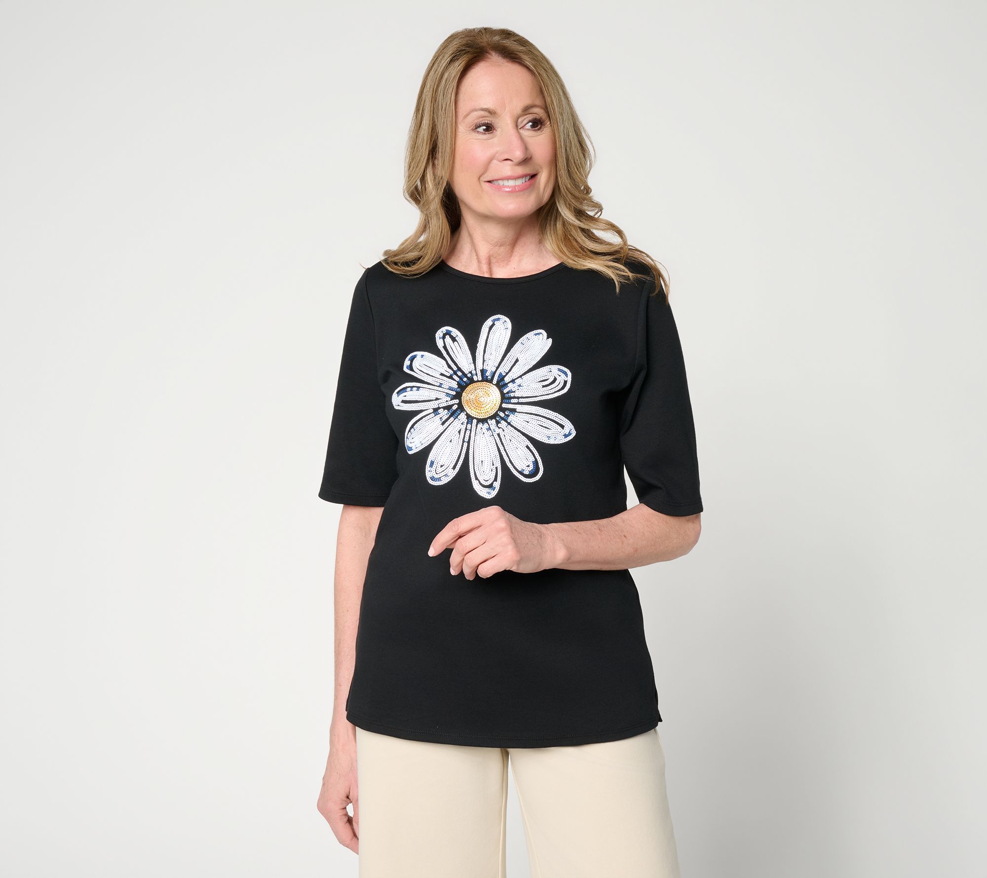 Quacker Factory Daisy Delight Sequin Elbow Sleeve Top