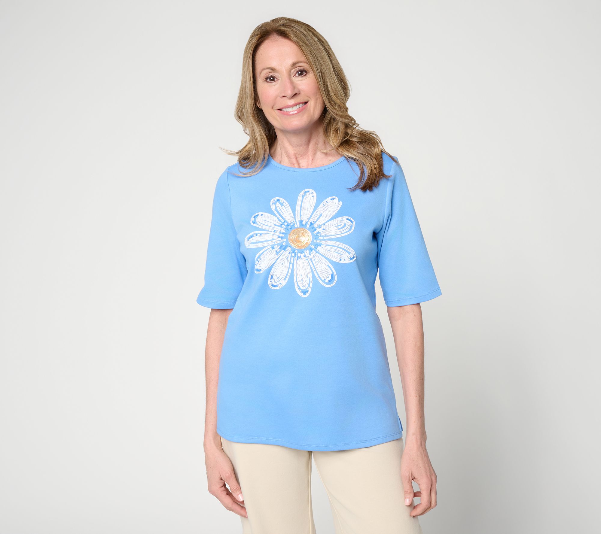 Quacker Factory Daisy Delight Sequin Elbow Sleeve Top