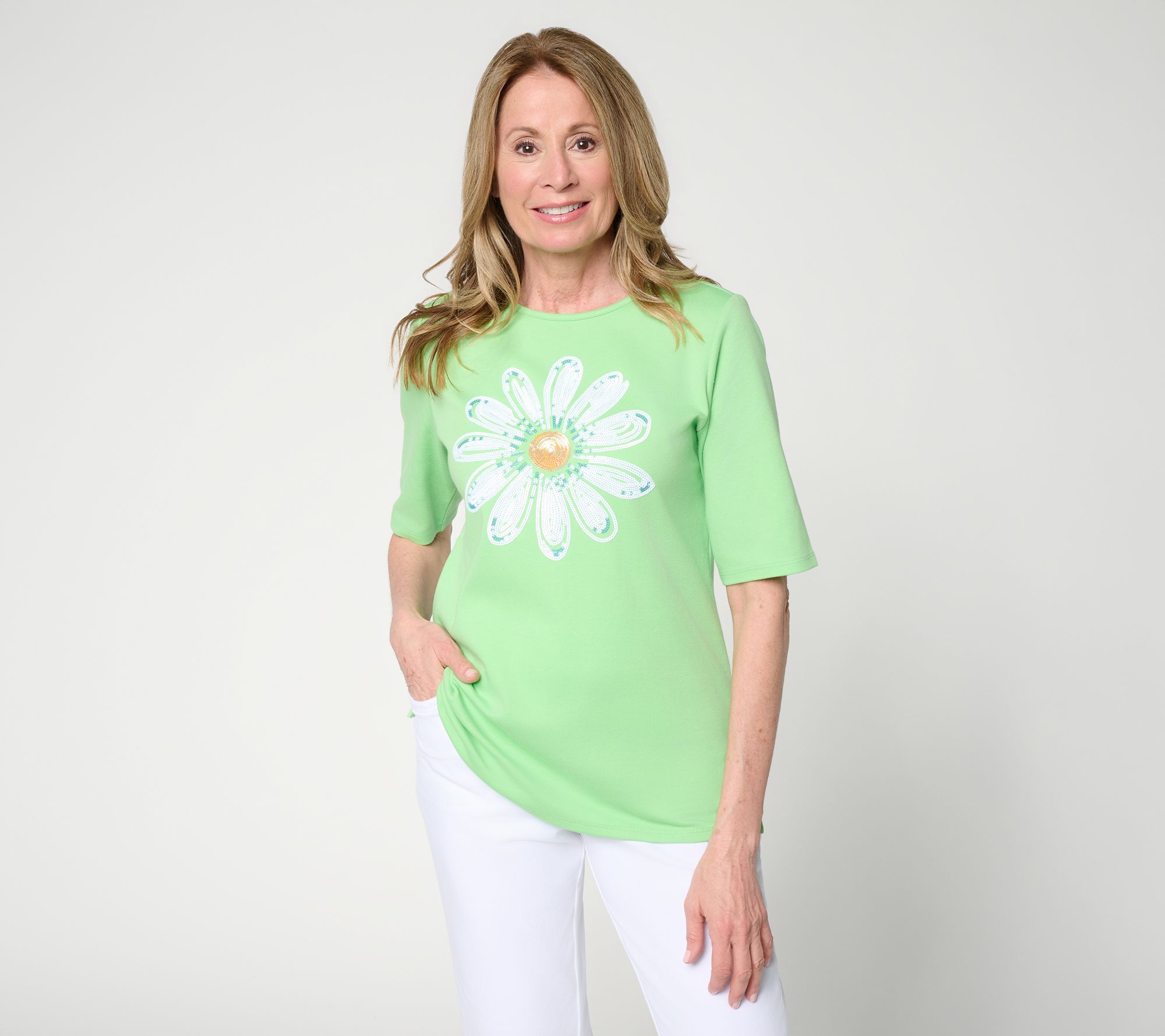 Quacker Factory Daisy Delight Sequin Elbow Sleeve Top