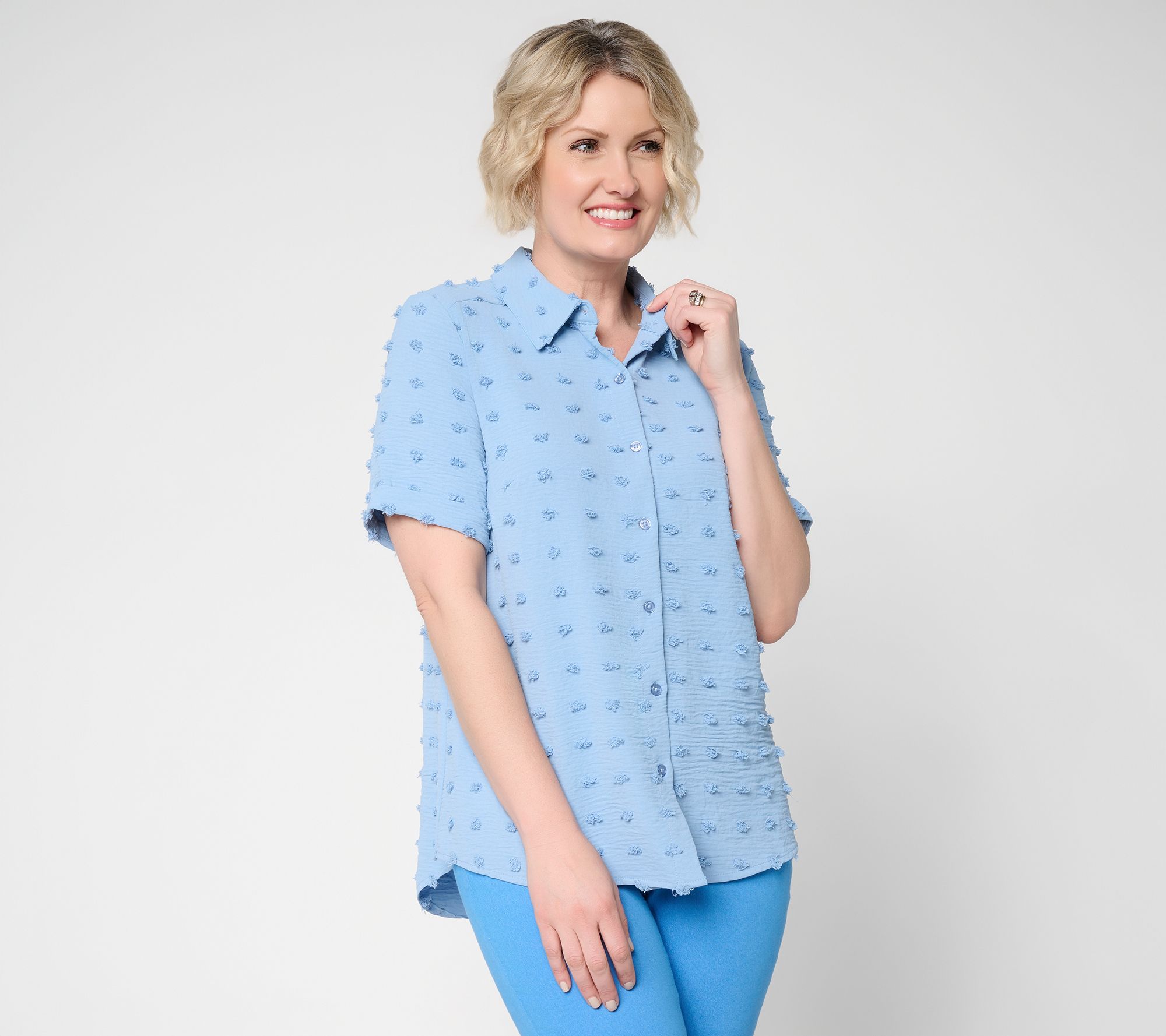 Denim & Co. Clip Dot Jacquard Button Front Shirt