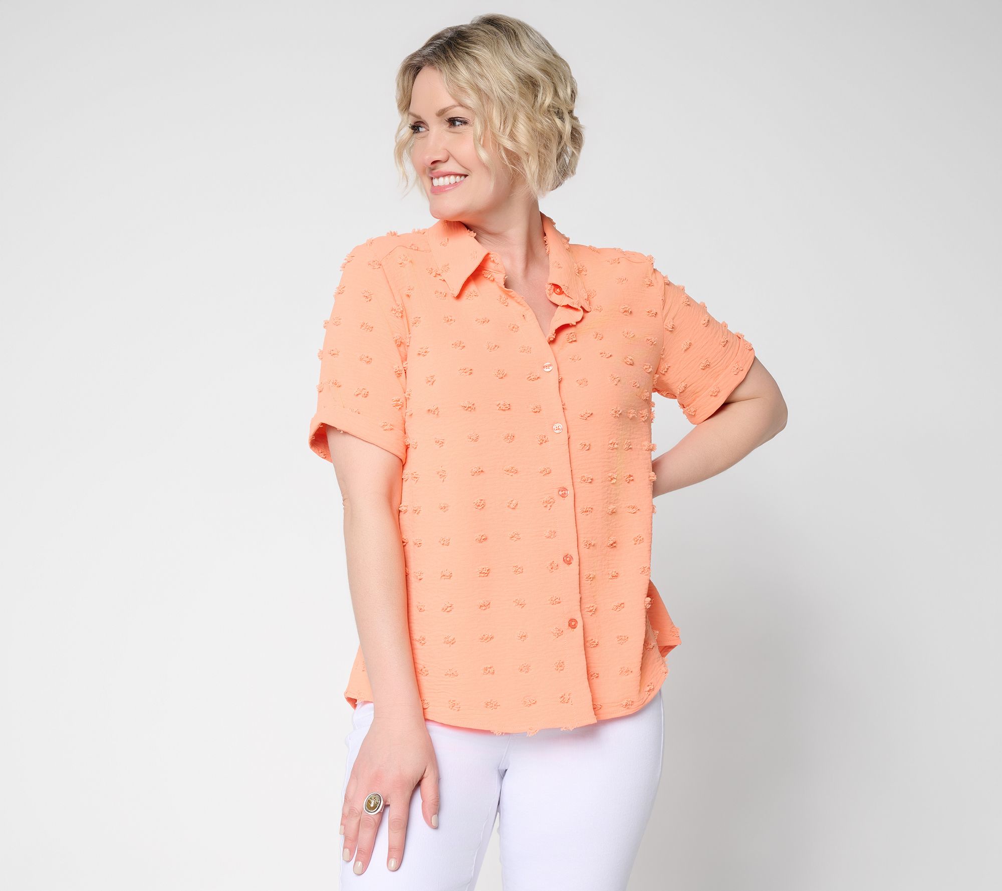 Denim & Co. Clip Dot Jacquard Button Front Shirt