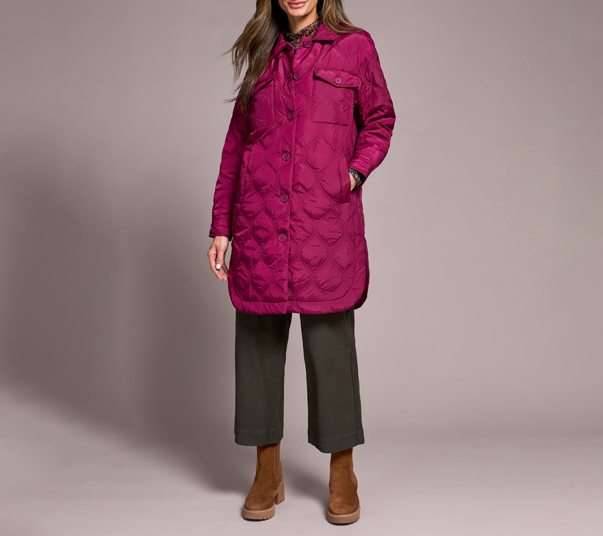 Tribal Long Quilted Button-Up Jacket With Pockets