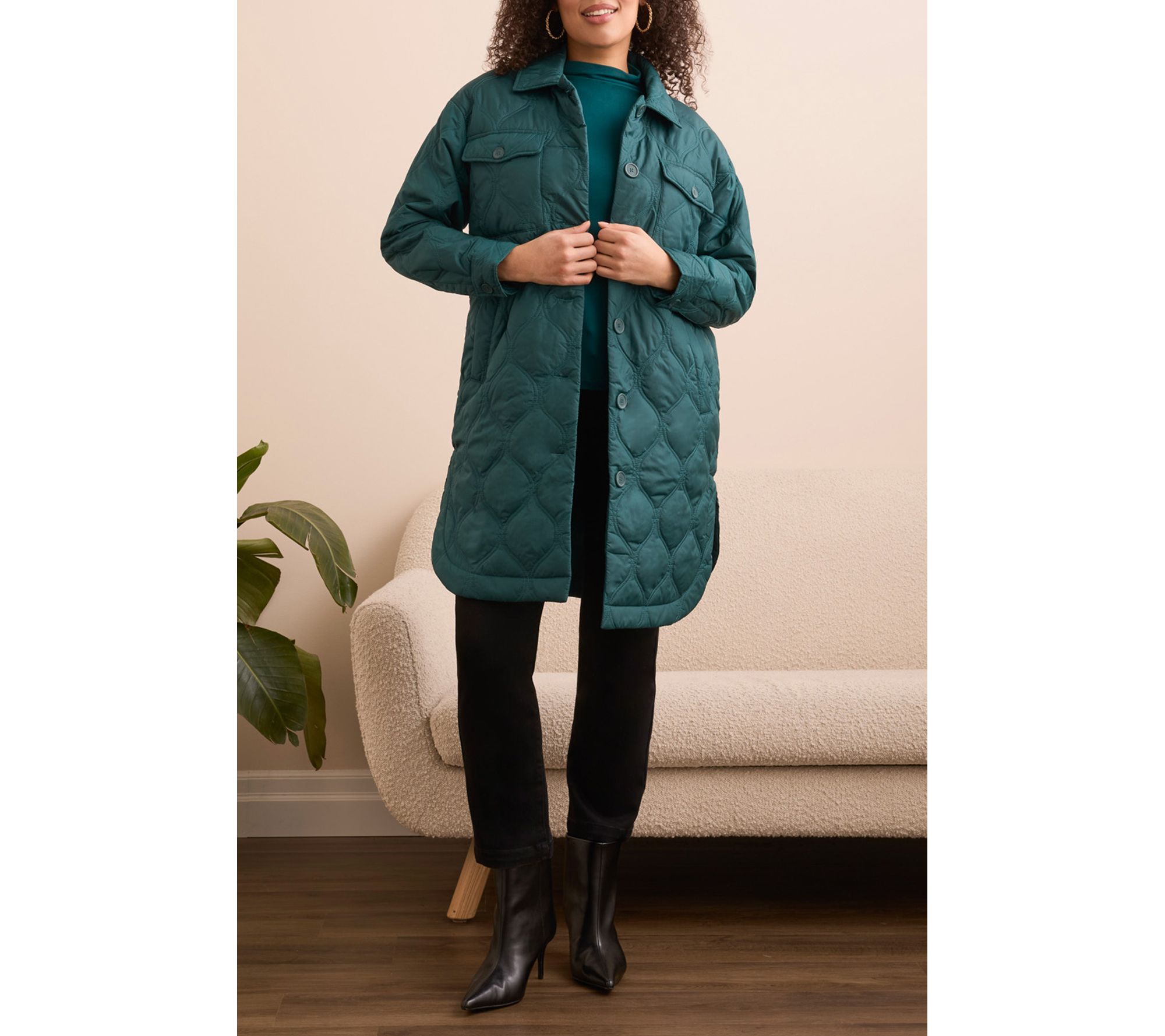 Tribal Long Quilted Button-Up Jacket With Pockets