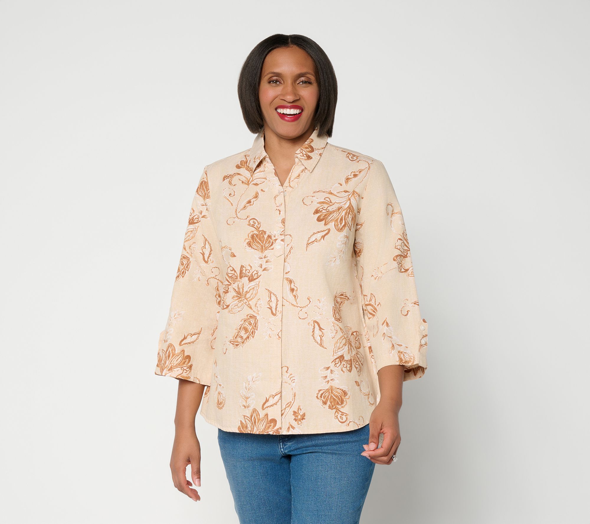 Joan Rivers Printed Chambray Popover with Hidden Placket
