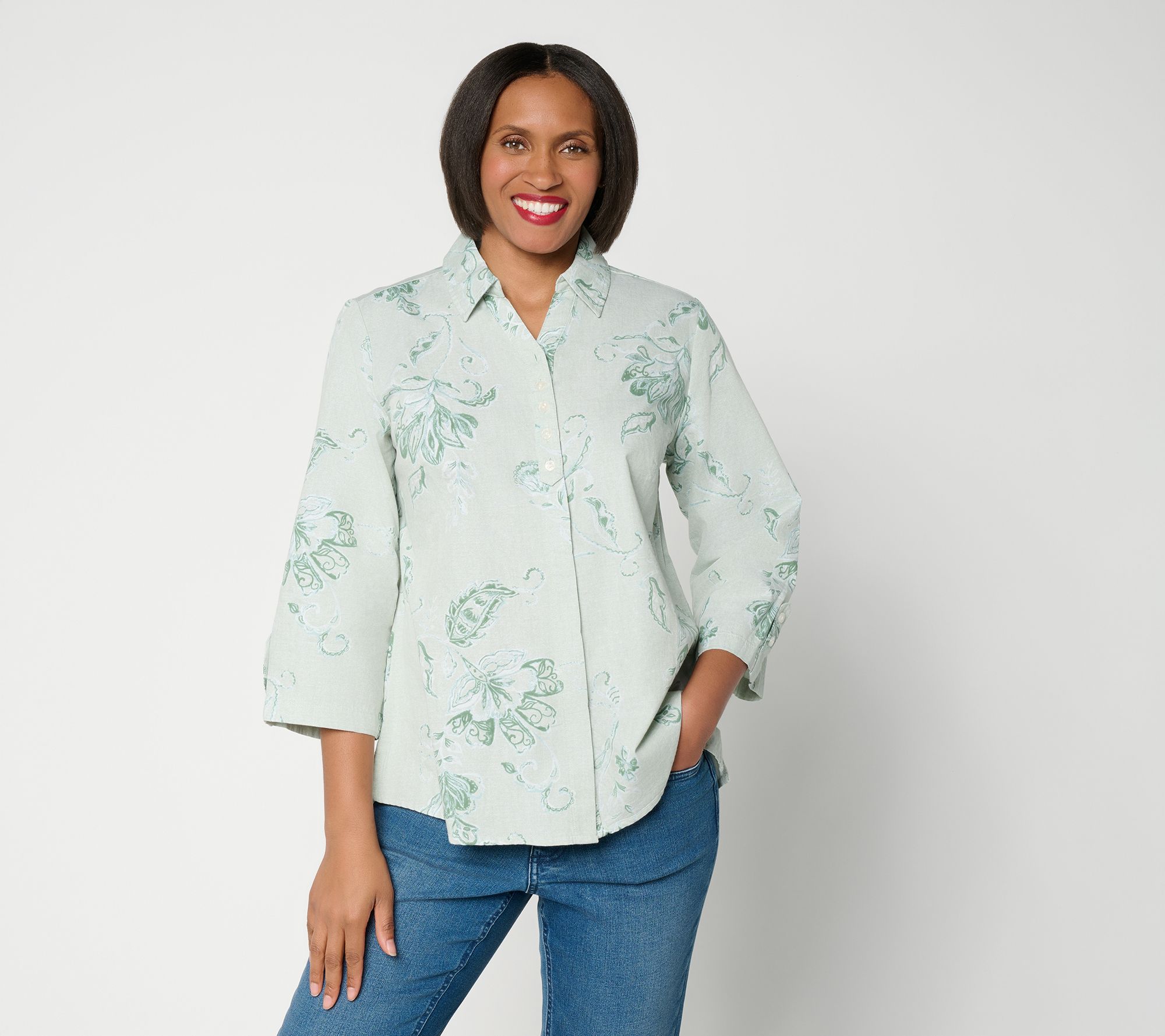 Joan Rivers Printed Chambray Popover with Hidden Placket
