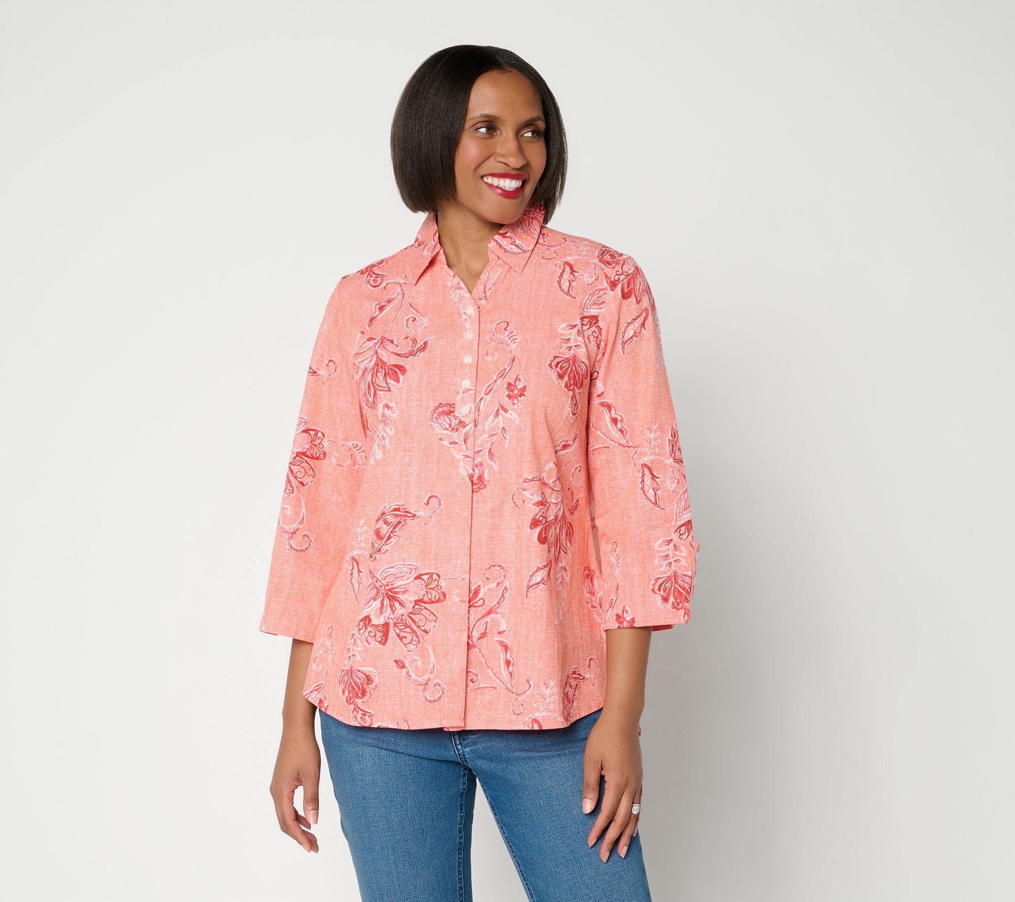 Joan Rivers Printed Chambray Popover with Hidden Placket