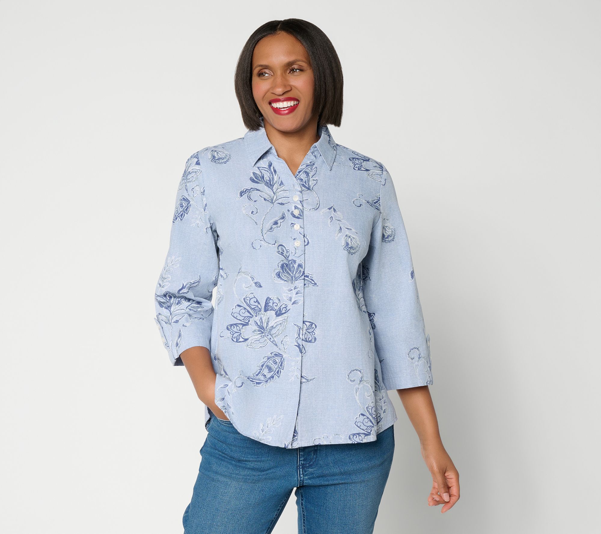 Joan Rivers Printed Chambray Popover with Hidden Placket