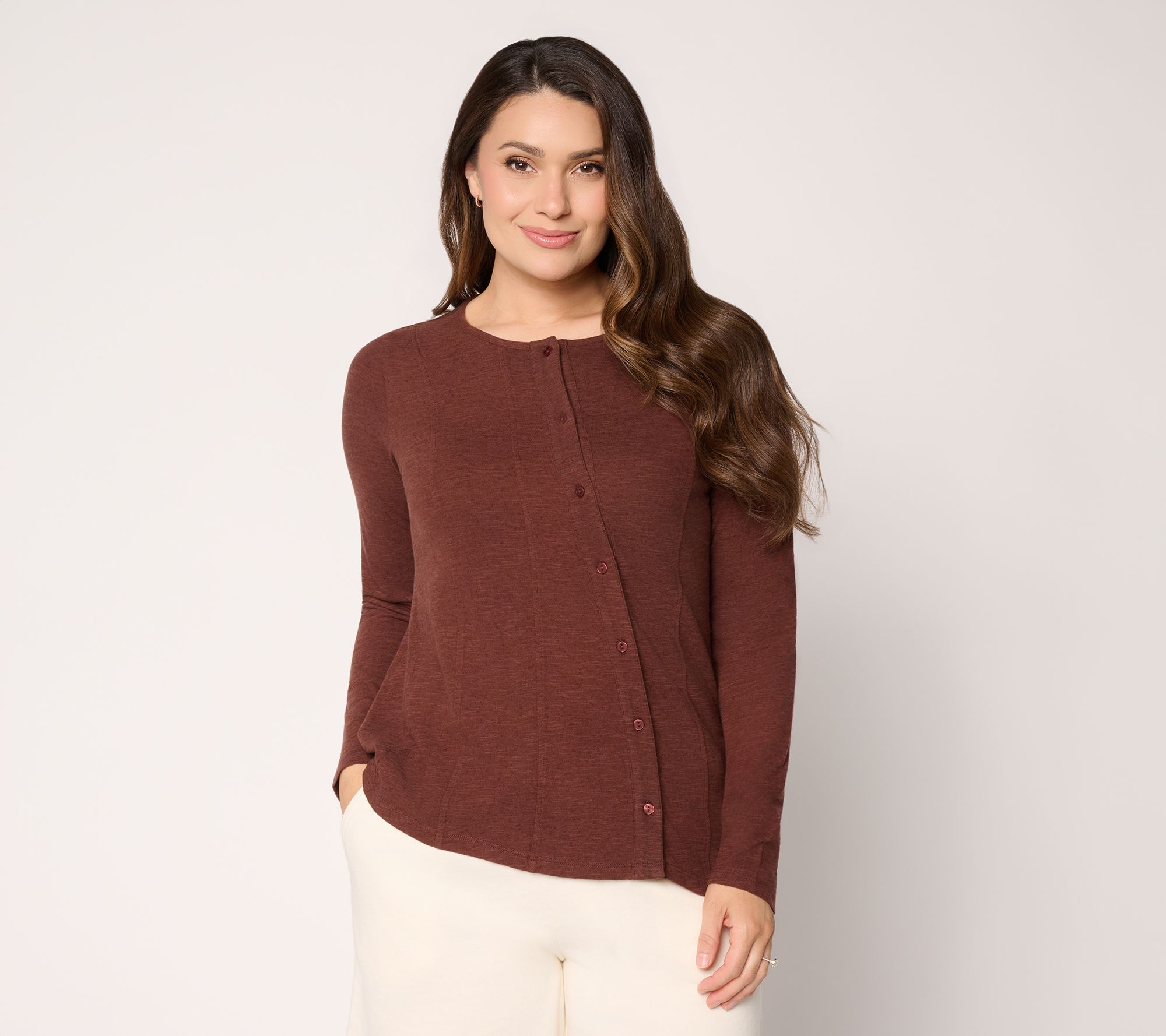 Peace Love World Asymmetric Button Front Crew Neck Tee