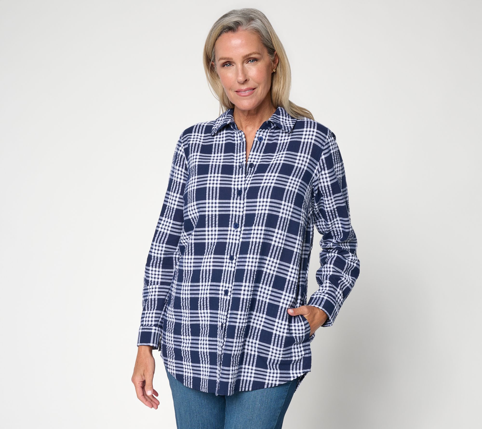 Joan Rivers Cotton Gingham Seersucker Button-Back Boyfriend Shirt