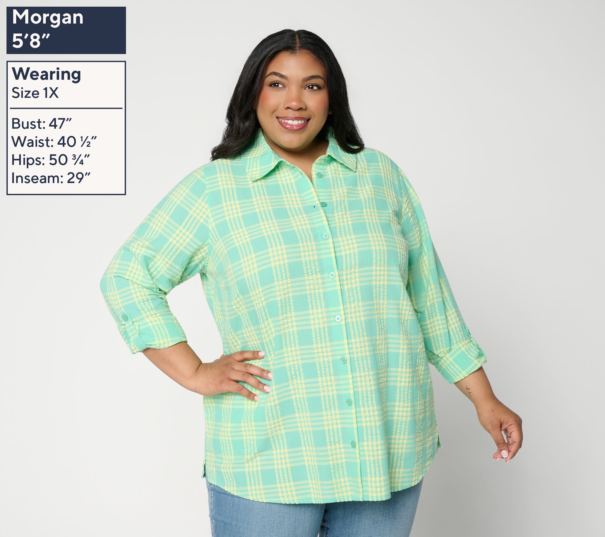 リプトン　　バーコード　2way ビッグシャツ　ストライプ Joan Rivers Cotton Gingham Seersucker Button-Back Boyfriend Shirt