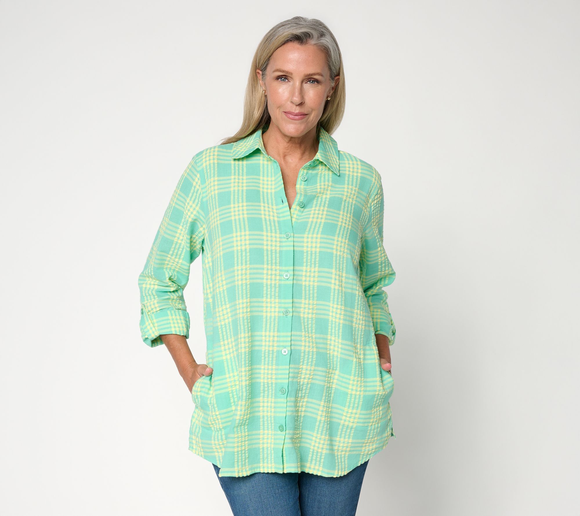 Joan Rivers Cotton Gingham Seersucker Button-Back Boyfriend Shirt