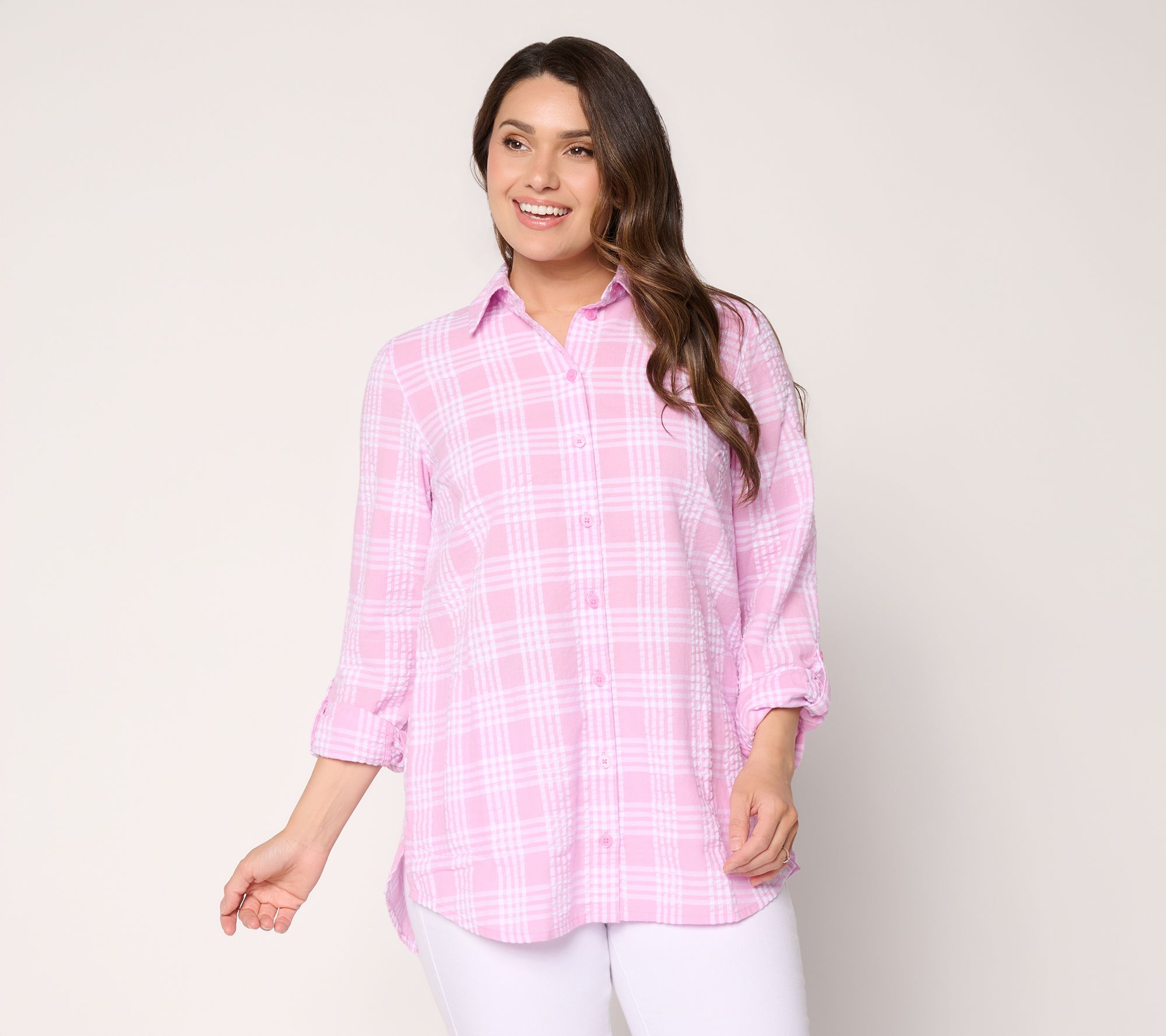 Joan Rivers Cotton Gingham Seersucker Button-Back Boyfriend Shirt