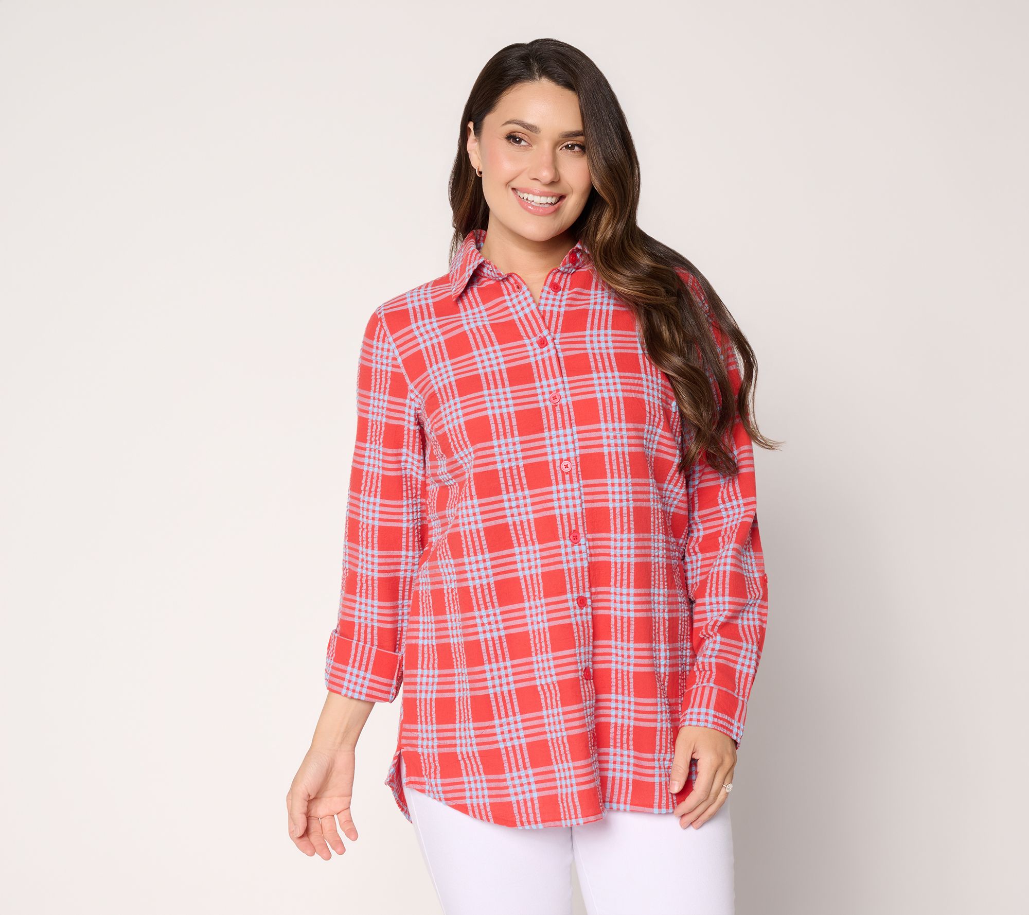 Joan Rivers Cotton Gingham Seersucker Button-Back Boyfriend Shirt