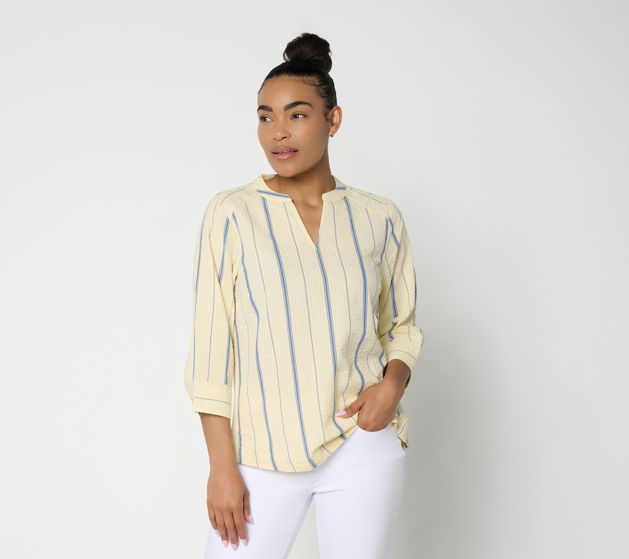 Joan Rivers Split Neck Varigated Seersucker Popover