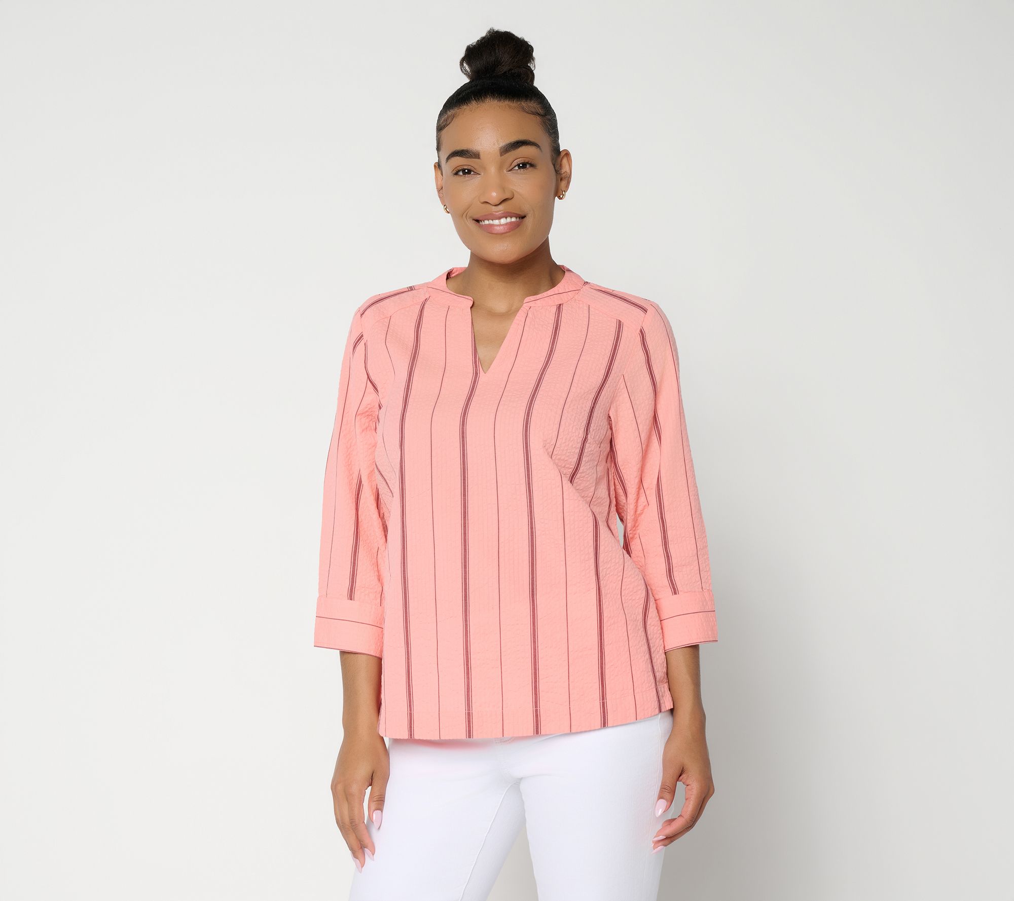 Joan Rivers Split Neck Varigated Seersucker Popover