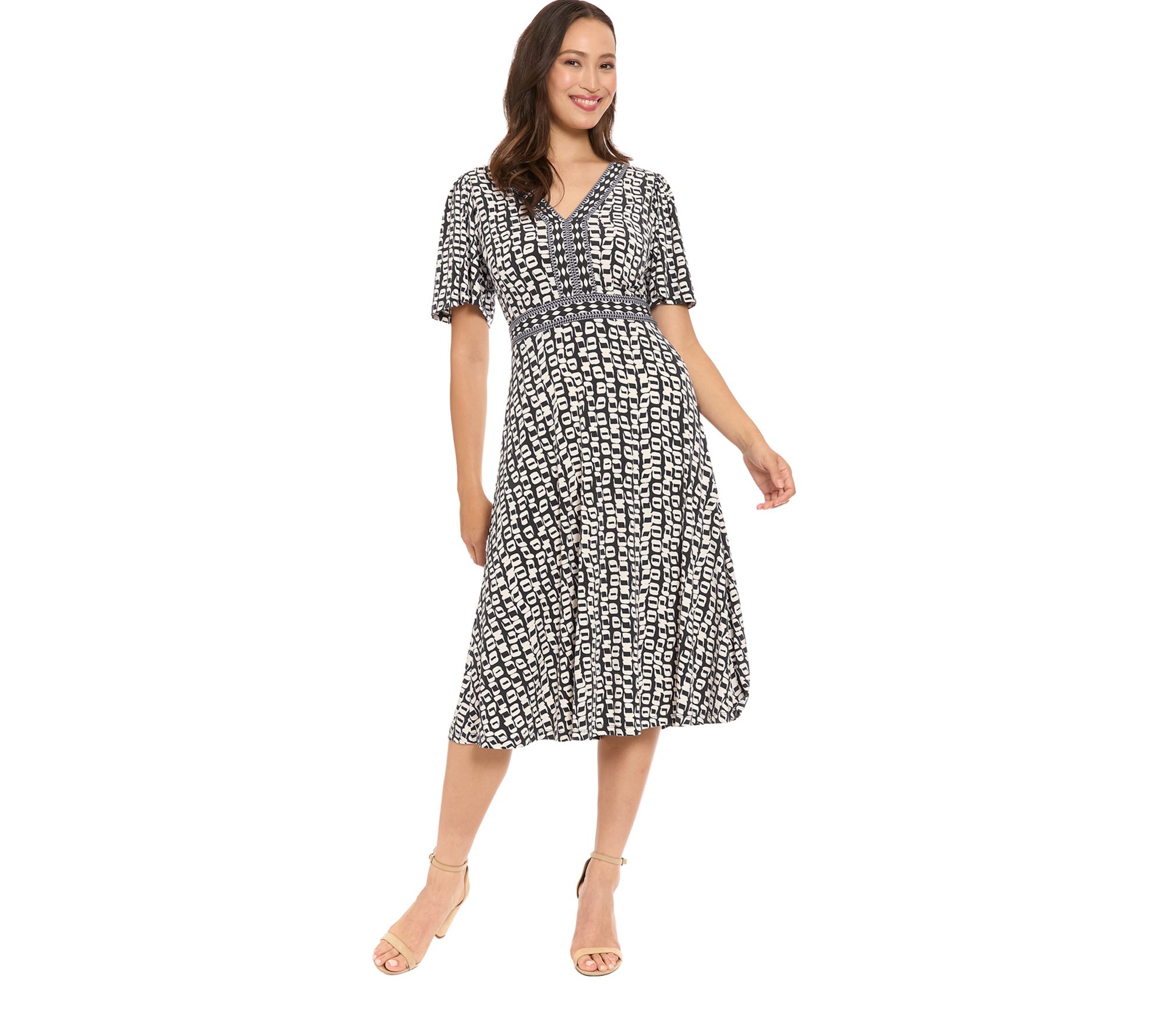 LONDON TIMES Framed V-Neck Flutter Flare Dress