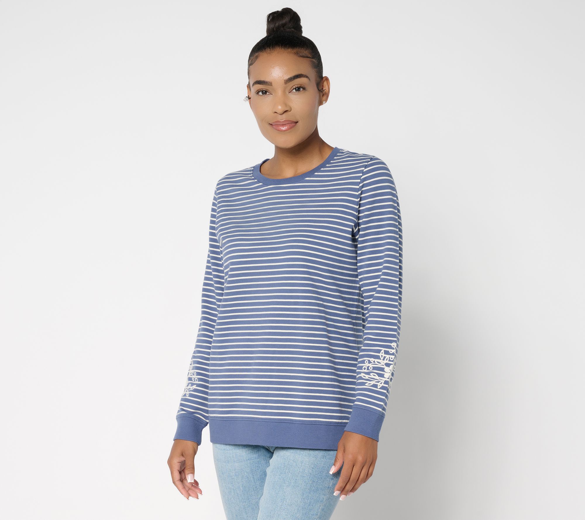 "As Is" Denim & Co. Yarn Dye Stripe French Terry Pullover W/ Embroidery