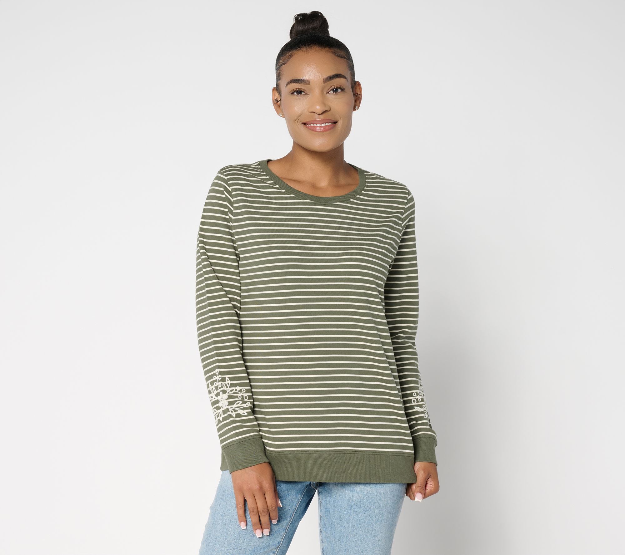 "As Is" Denim & Co. Yarn Dye Stripe French Terry Pullover W/ Embroidery