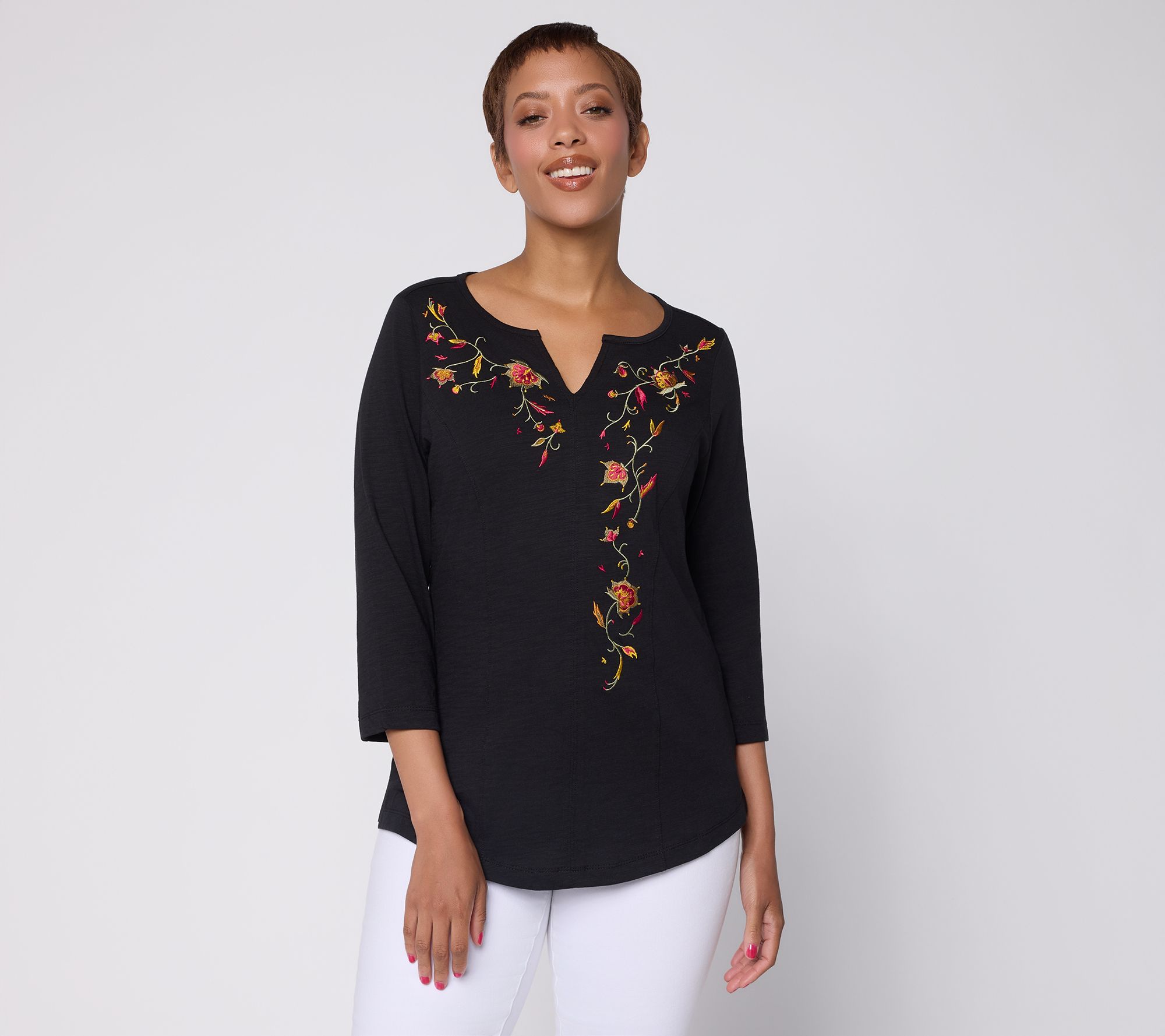 Belle Boho by Kim Gravel Slub Knit Indigo Bloom Embroidered Top