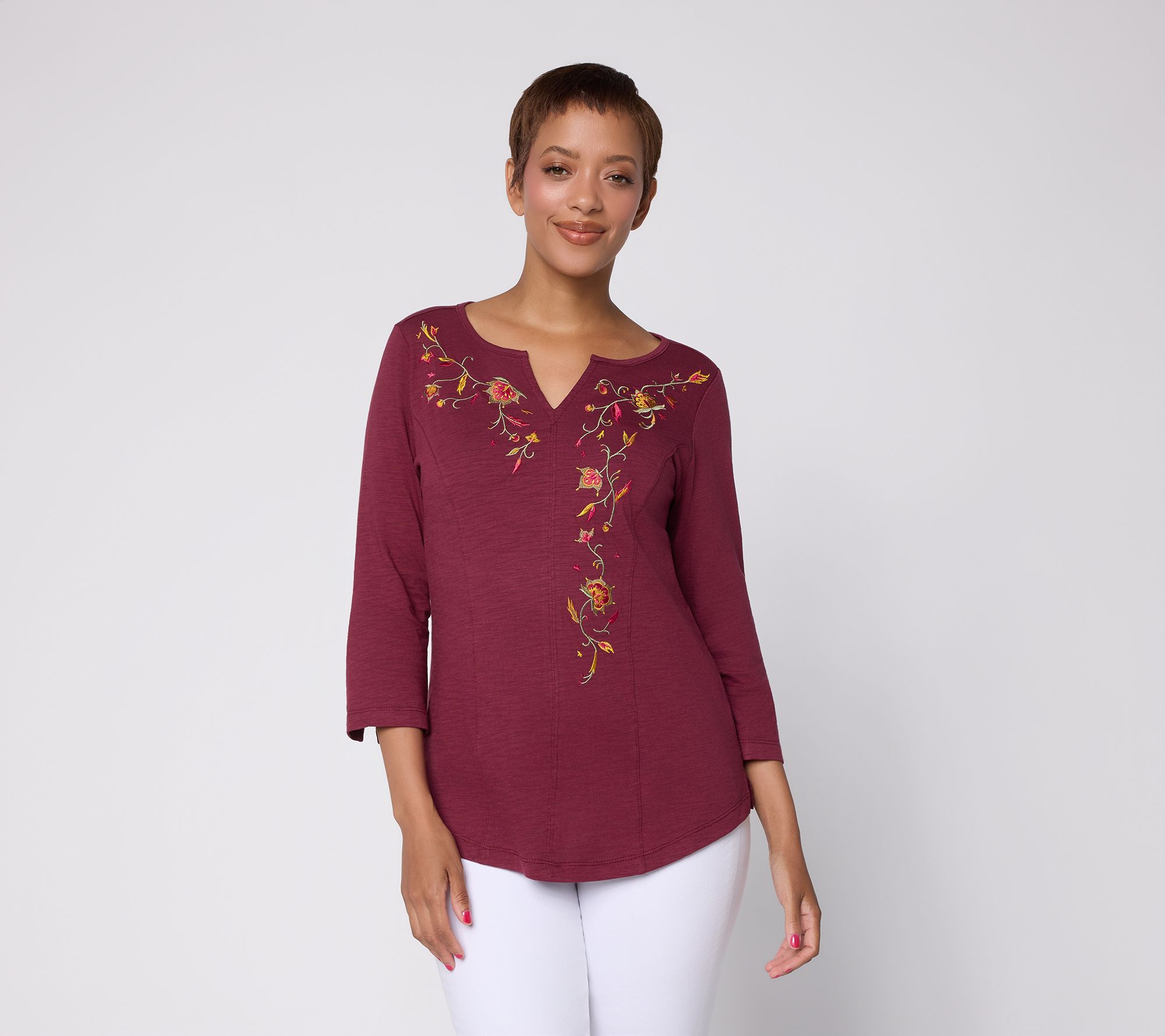 Belle Boho by Kim Gravel Slub Knit Indigo Bloom Embroidered Top