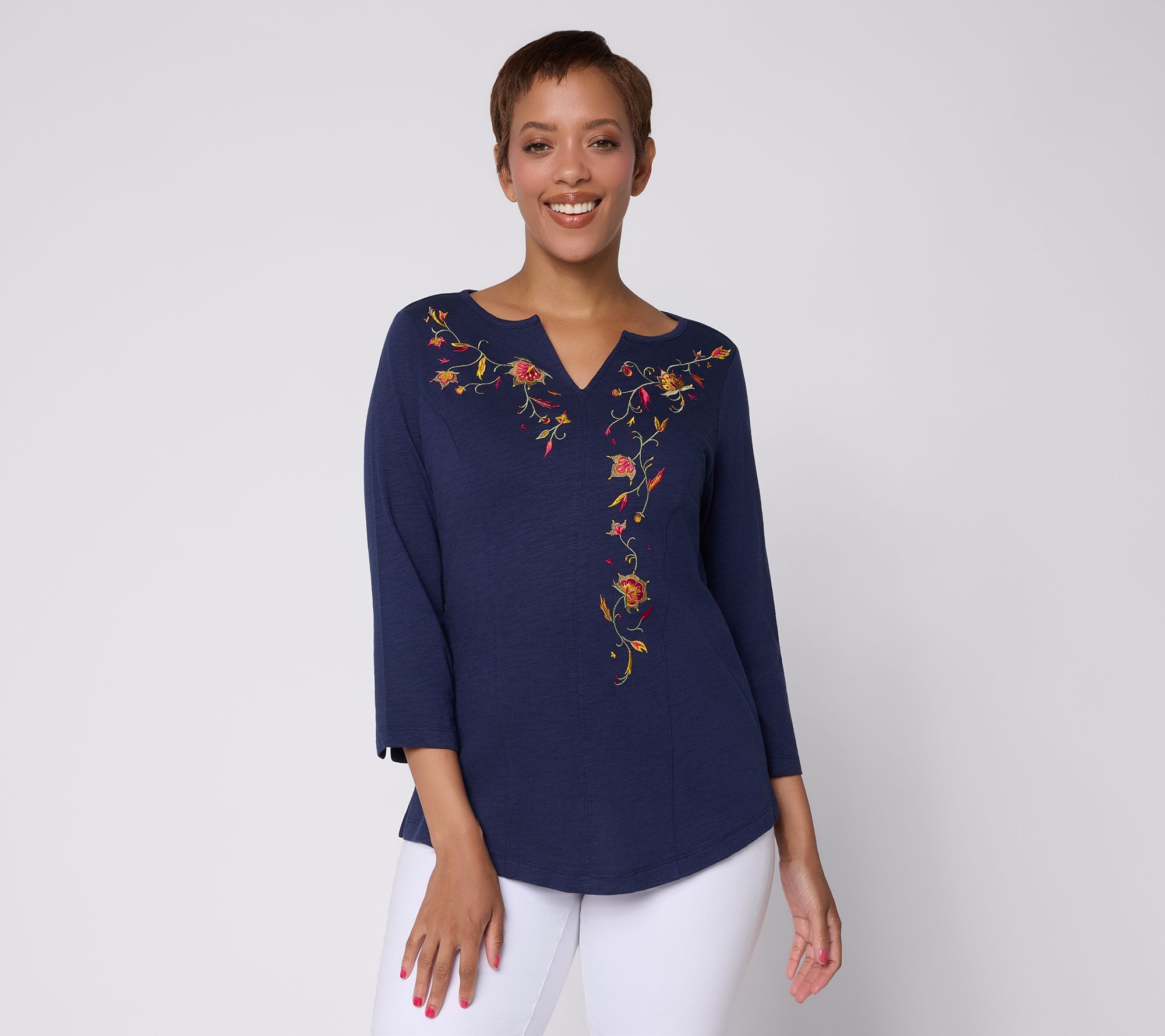 Belle Boho by Kim Gravel Slub Knit Indigo Bloom Embroidered Top