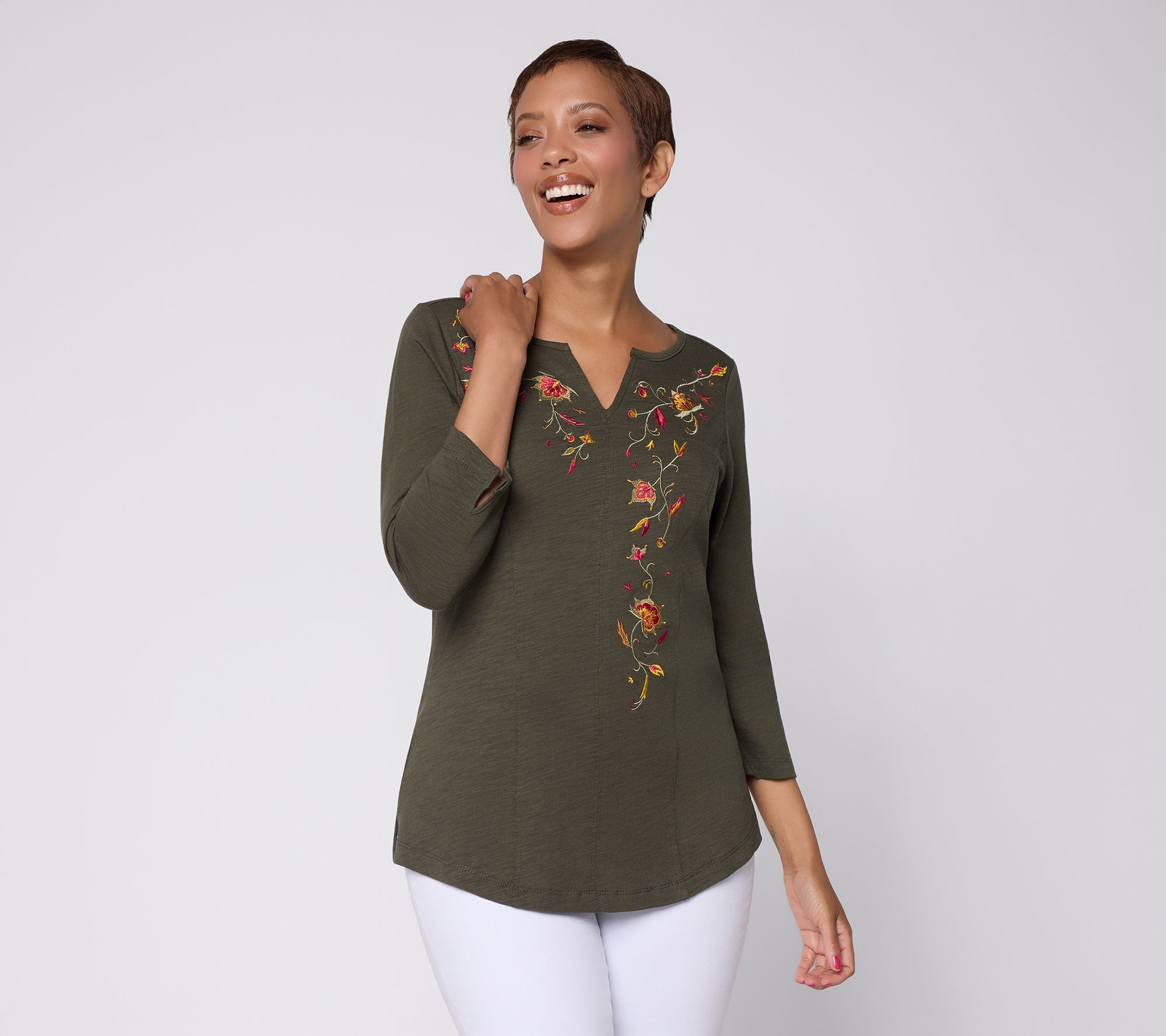 Belle Boho by Kim Gravel Slub Knit Indigo Bloom Embroidered Top