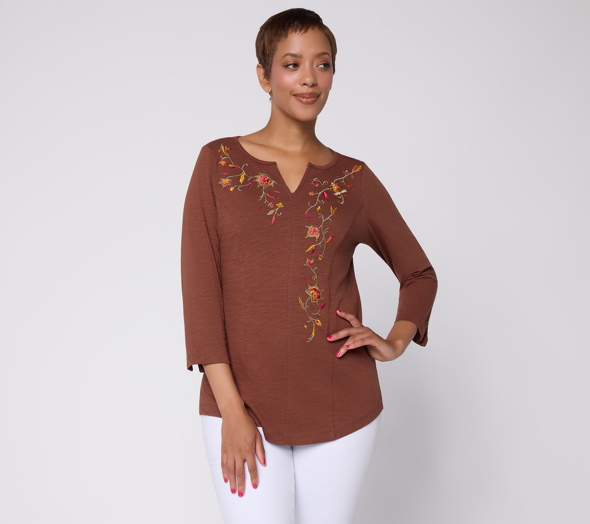 Belle Boho by Kim Gravel Slub Knit Indigo Bloom Embroidered Top