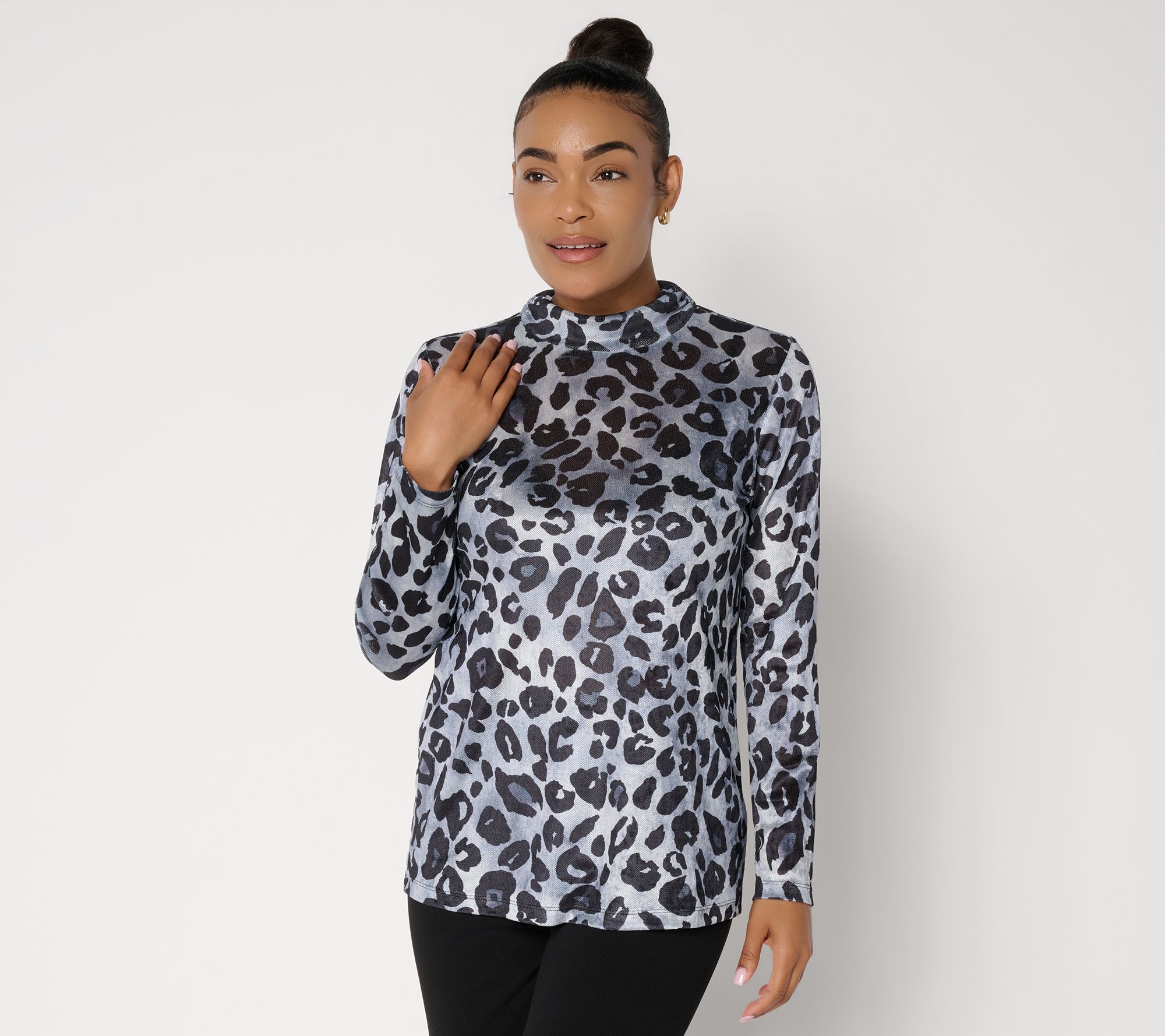 Susan Graver Printed Chenille Mesh Mock Neck Top