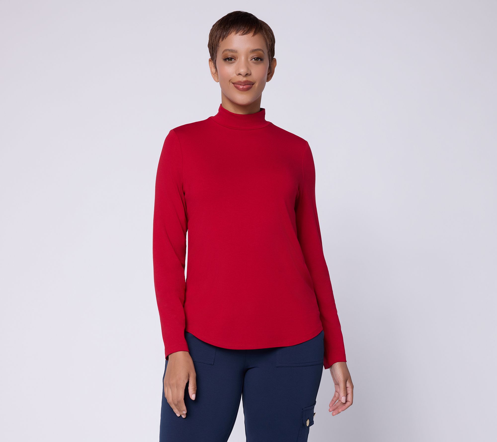 Susan Graver Essentials Rayon Allure Knit Mock-Neck Shirttail Top