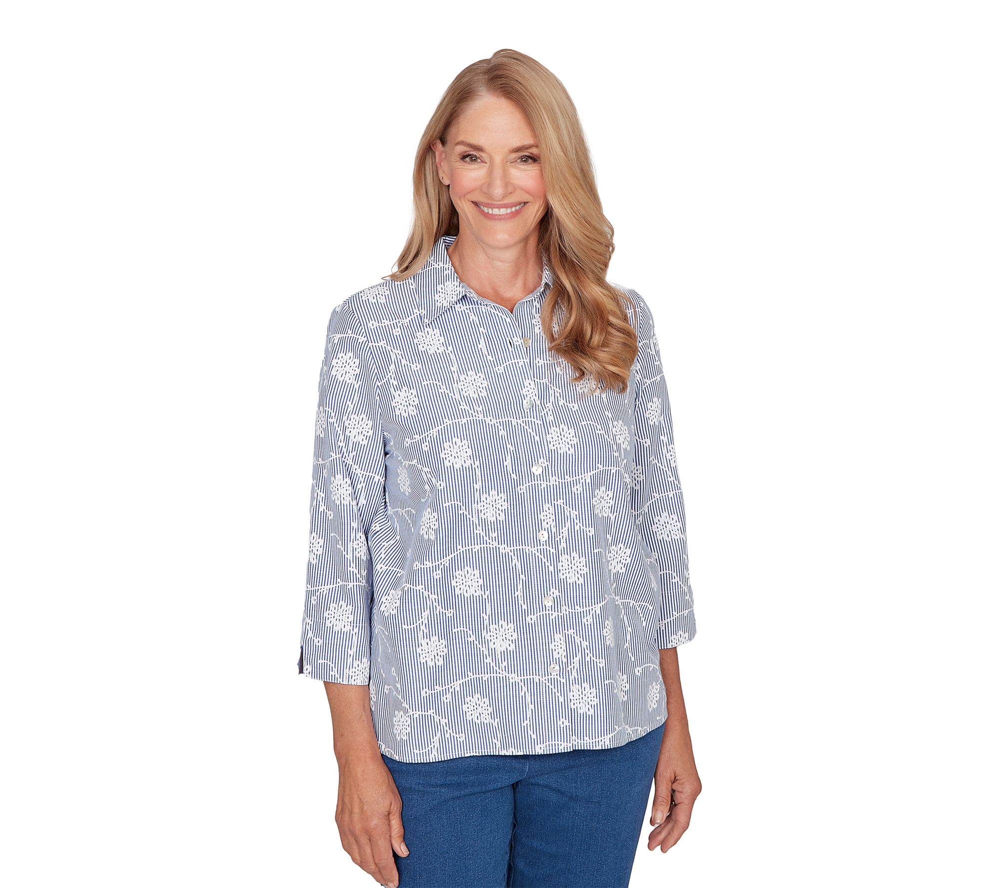 Alfred Dunner Petite Puff Print Embroidered Pinstripe Top