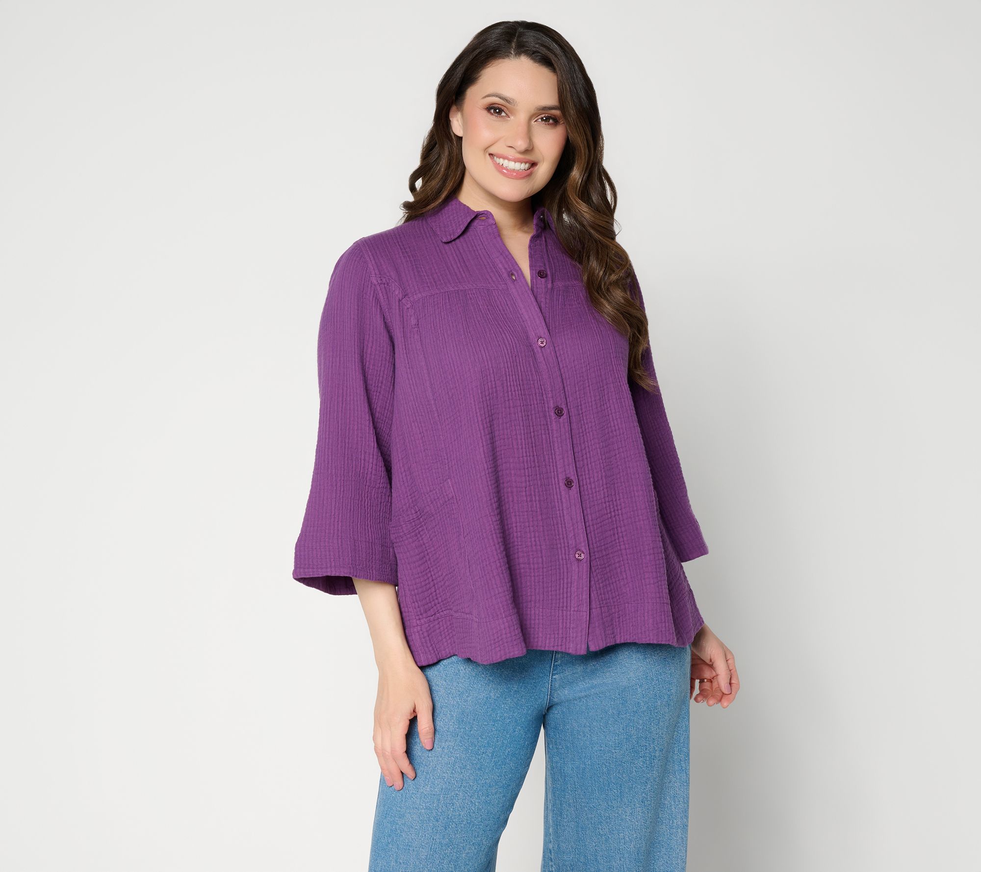 "As Is" LOGO by Lori Goldstein Textured Cotton Button Front Stripe Shirt