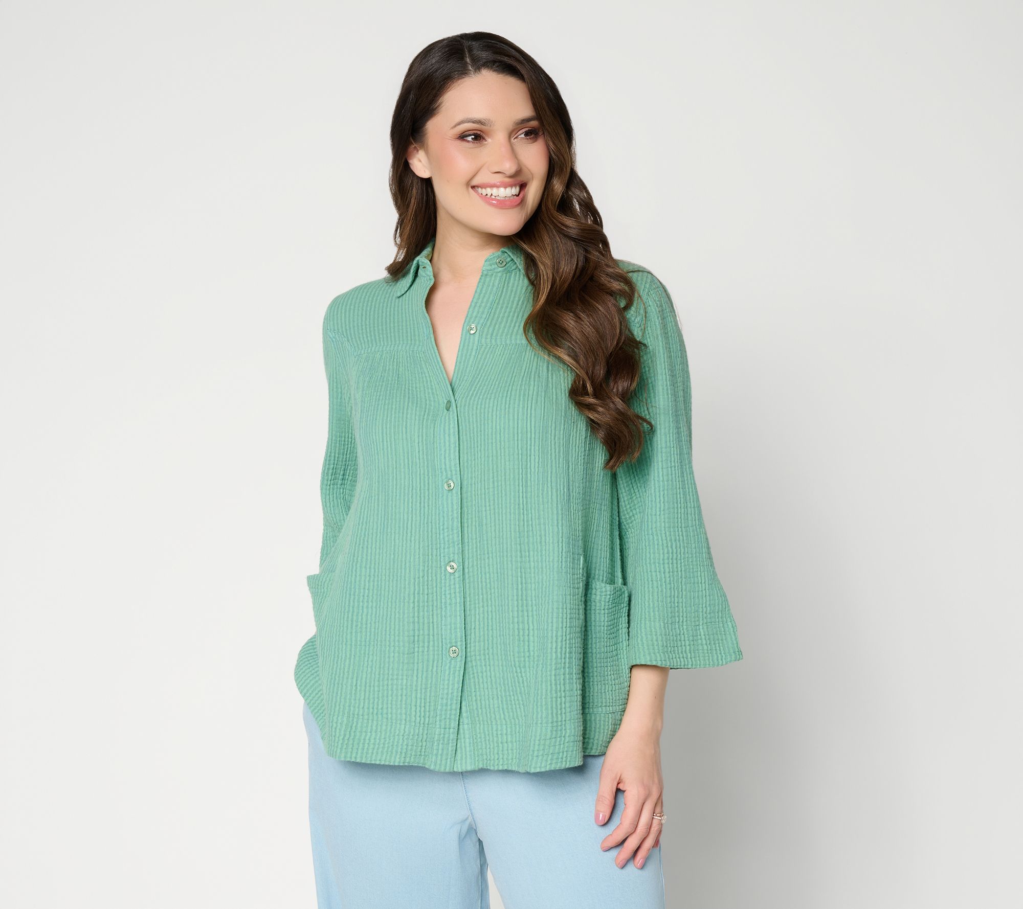 "As Is" LOGO by Lori Goldstein Textured Cotton Button Front Stripe Shirt