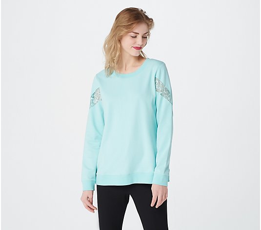 "As Is" Denim & Co. Active French Terry Long-Sleeve Top w/ Lace Detail