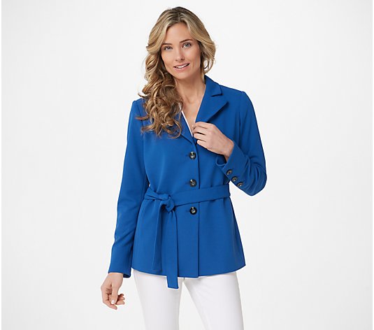 Dennis Basso Luxe Crepe Belted Blazer with Button Sleeve Detail
