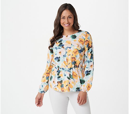 Denim & Co. Printed Long-Sleeve Blouse with Cinched Waist