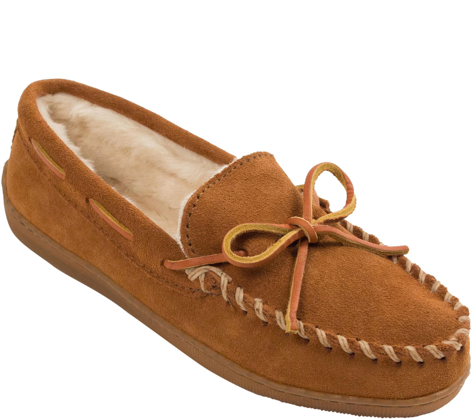 Minnetonka Women&amp;#39;s Pile-Lined Wide Brown Moccasins - QVC.com