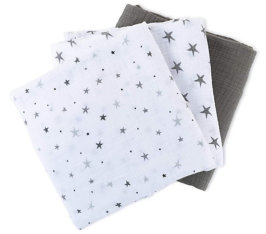 Ely's & Co. Set of 3 Gray Stars Cotton Muslin Swaddle Blanket