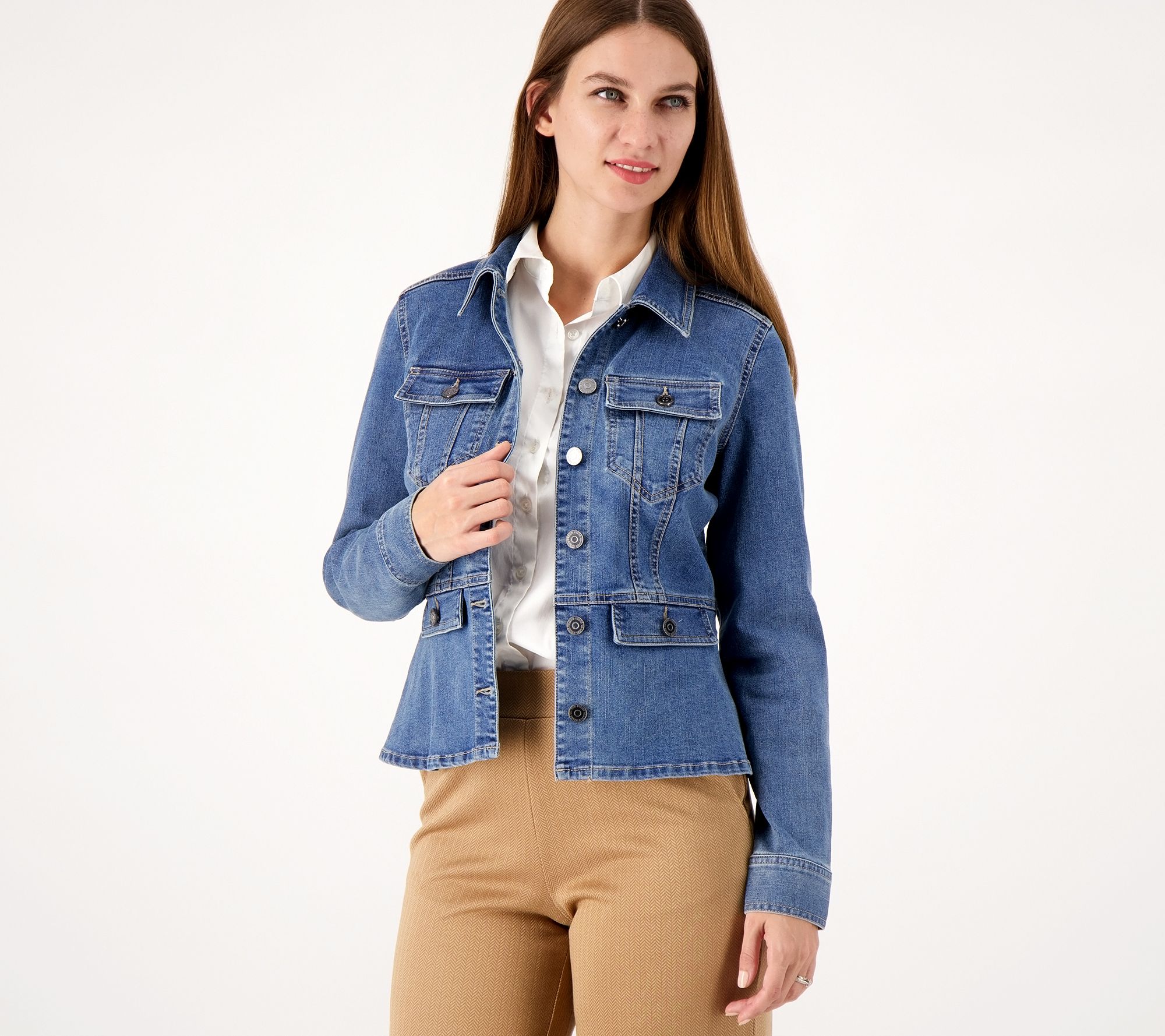 Susan Graver Stretch Denim Button Front Peplum Jacket