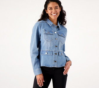 Susan Graver Jeans Stretch Denim Button Front Peplum Jacket