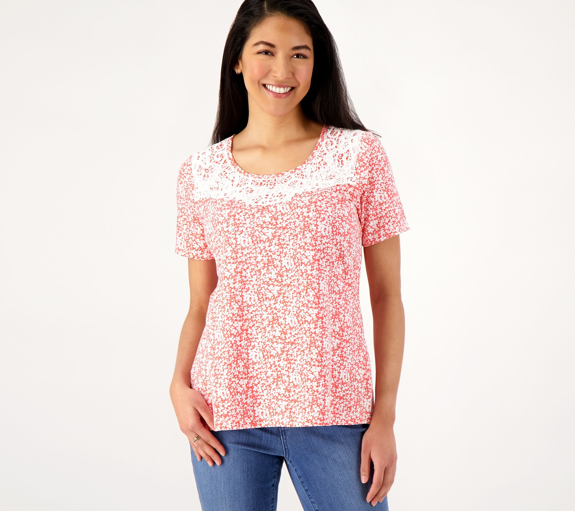 Isaac Mizrahi Live! Ditsy Printed Tee w/ Applique at Neck