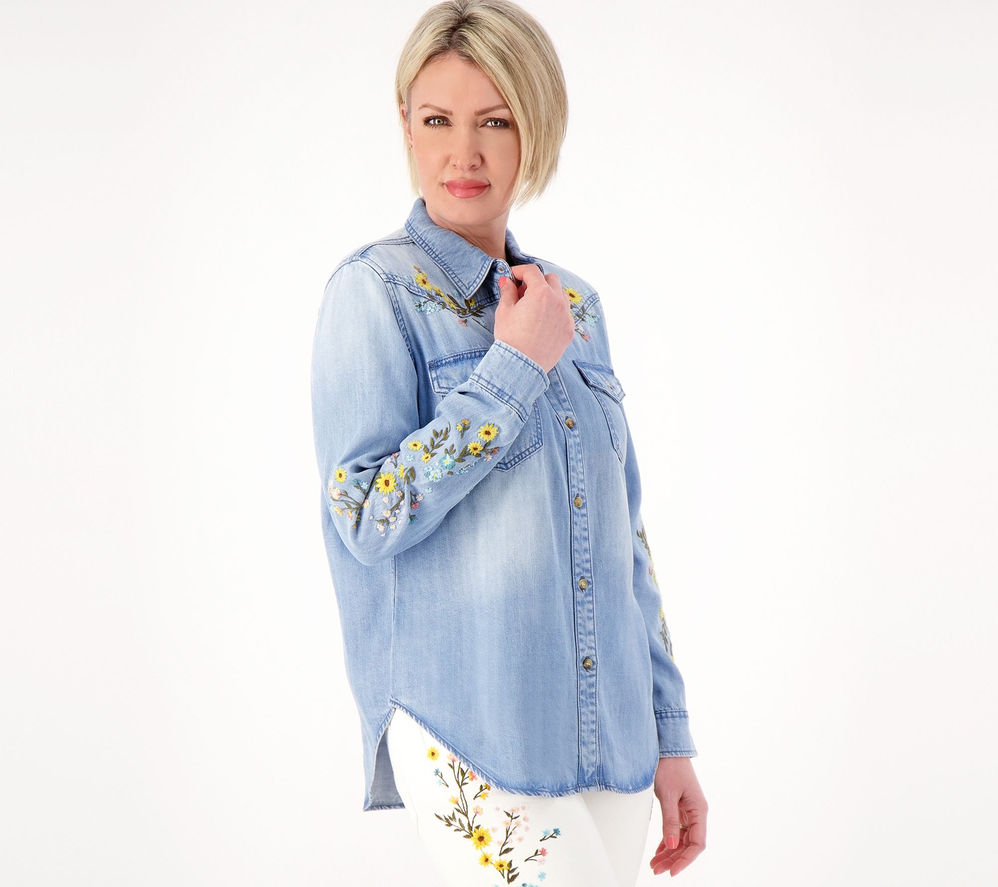 Driftwood Jeans LanaEmbroidered Denim Button Front Shirt- Sunny Garden ...