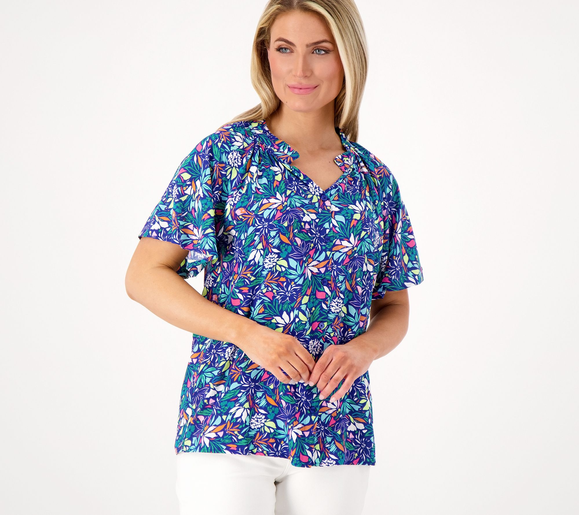 Denim & Co. Printed Flutter Sleeve Blouse